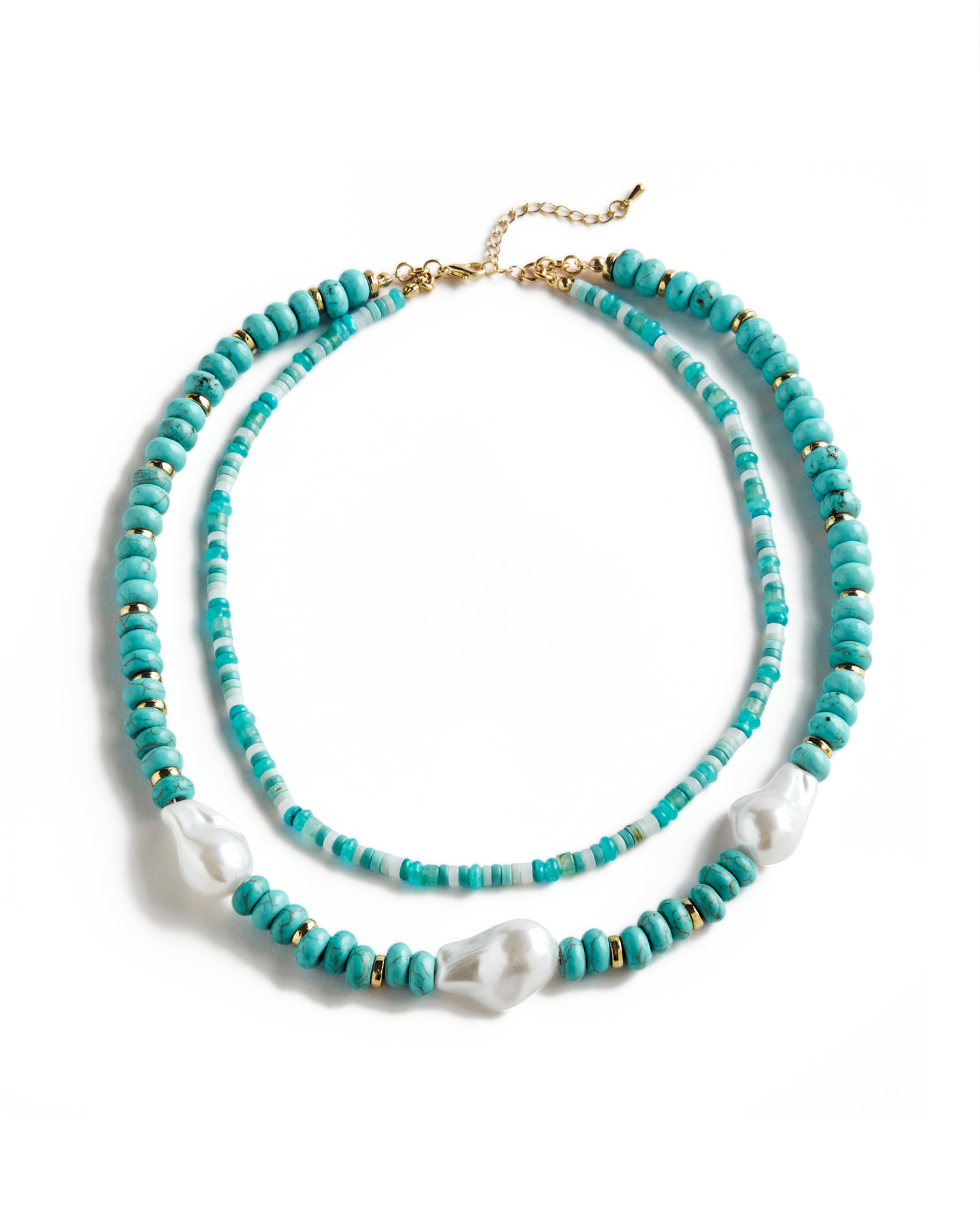 Double Strand Turquoise and Pearl Beaded Necklace Turquoise