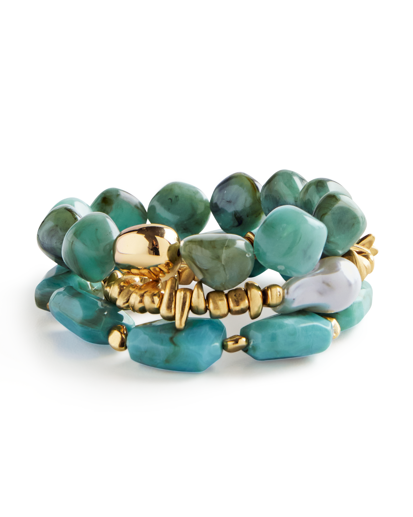 Turquoise Bead and Pearl Bracelet Set Turquoise/Gold