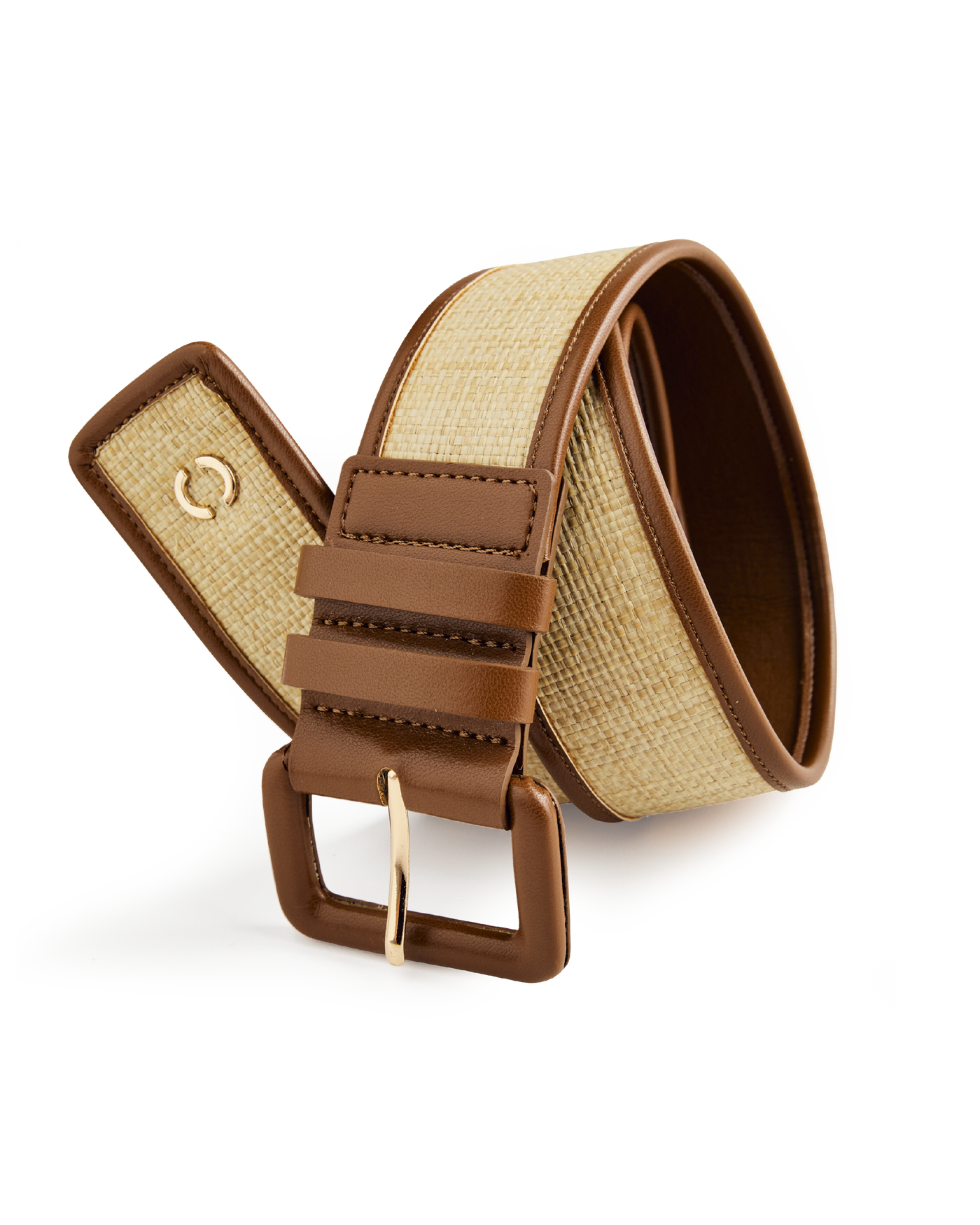 Raffia Leather Trimmed Classic Belt Natural