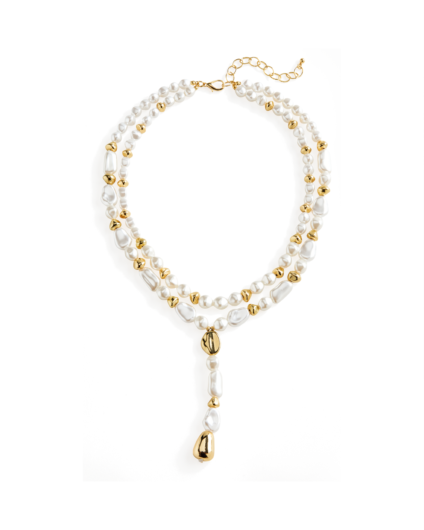 Double Strand Pearl Gold Bead Necklace Gold/White