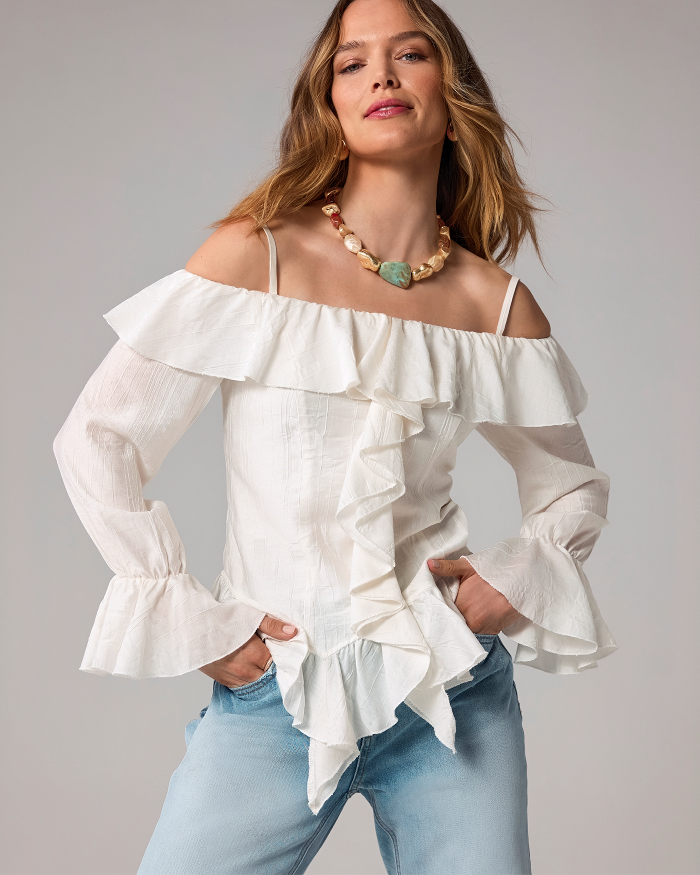 Off The Shoulder Ruffle Blouse Off White