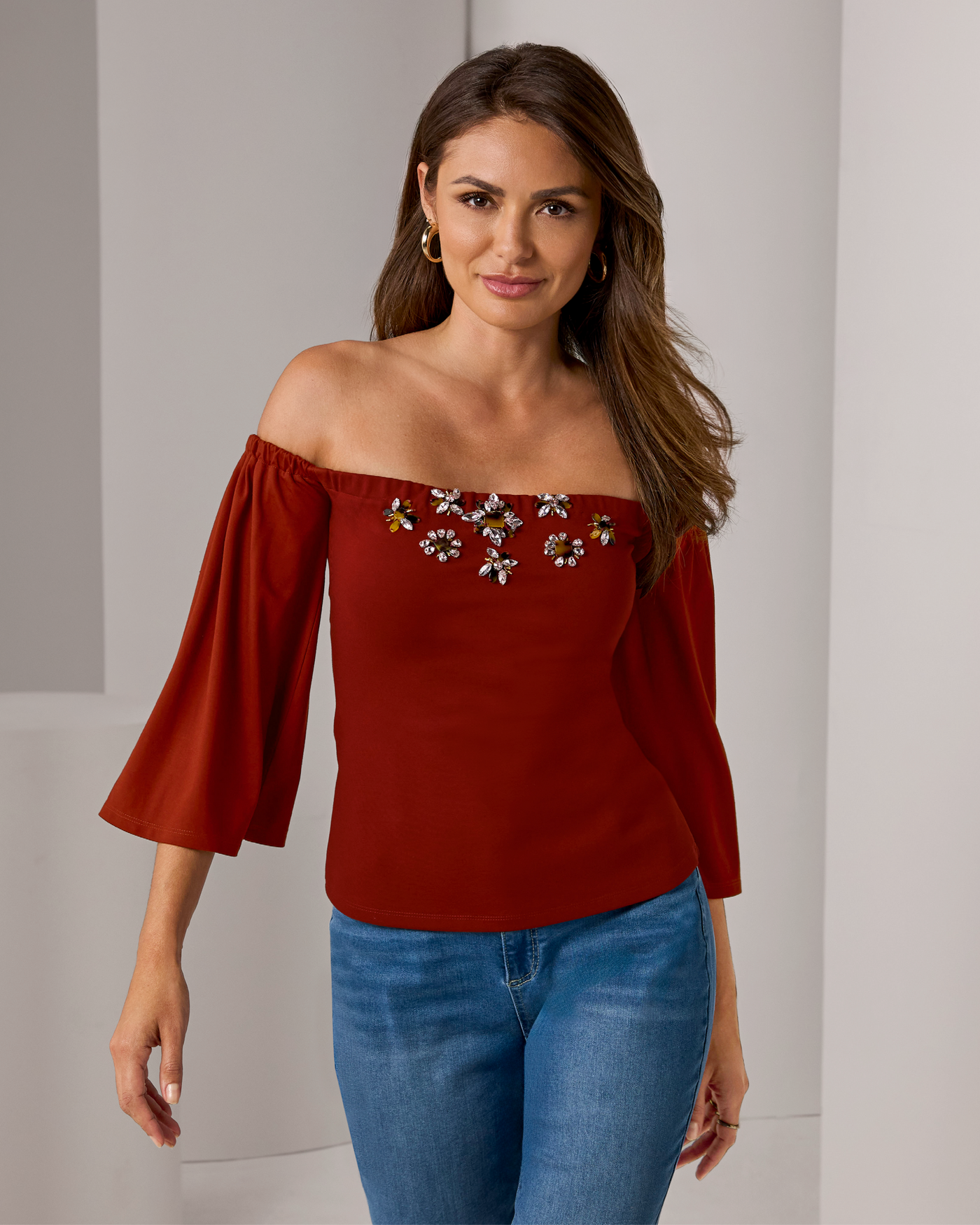 Rhinestone Embellished Off Shoulder Knit Top Madder Brown