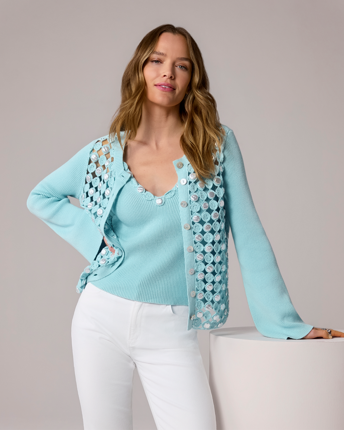 Fresh Water Pearl Crochet Cardigan Blue Glow