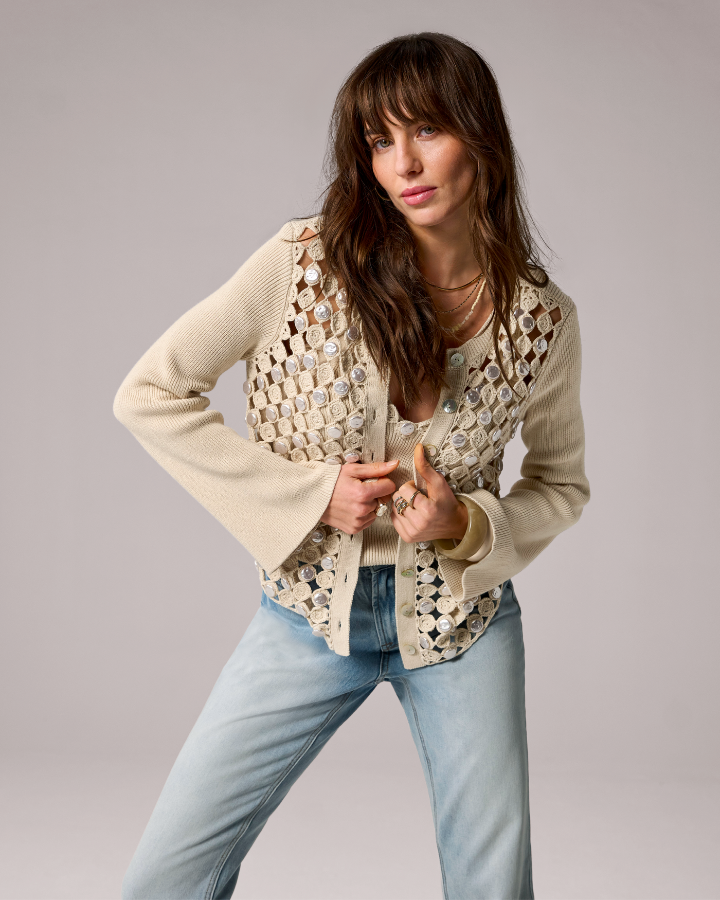 Fresh Water Pearl Crochet Cardigan Sandshell