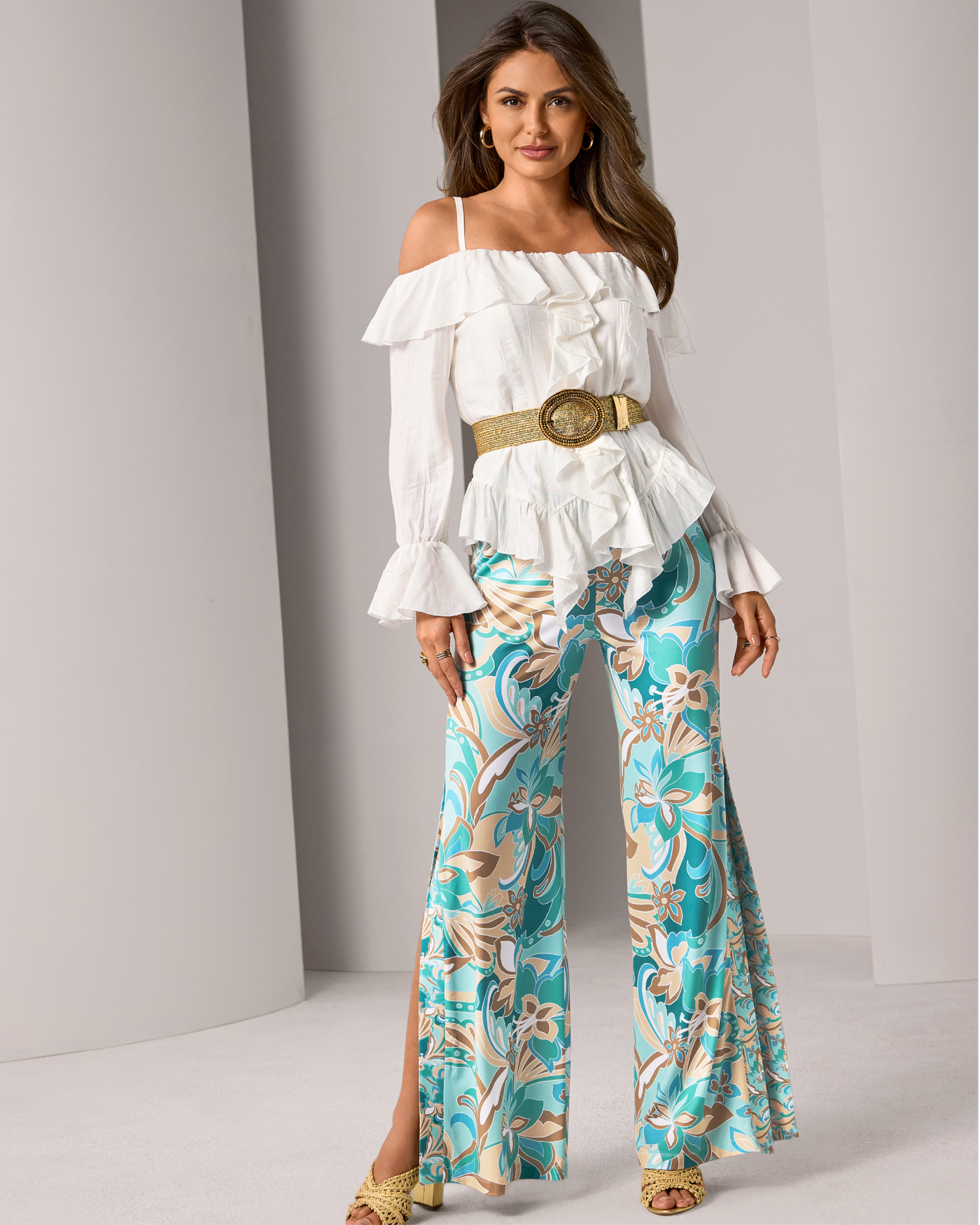 Border Abstract Print Side Slit Pant Agua Abstract