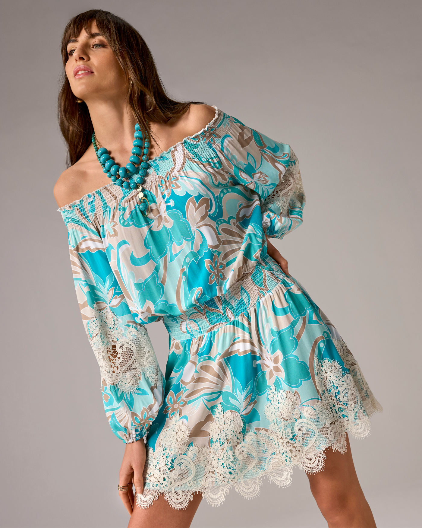 Off The Shoulder Printed Lace Trim Dress Agua Abstract