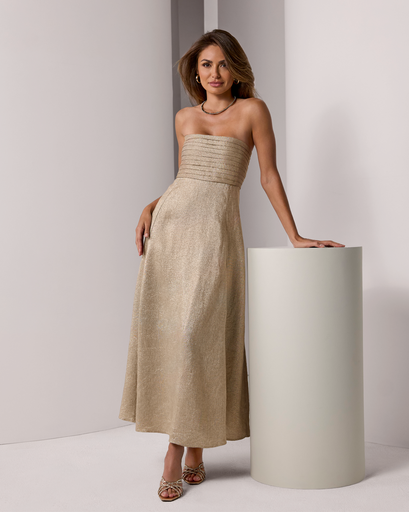 Metallic Linen Pleated Strapless Dress Metallic Gold