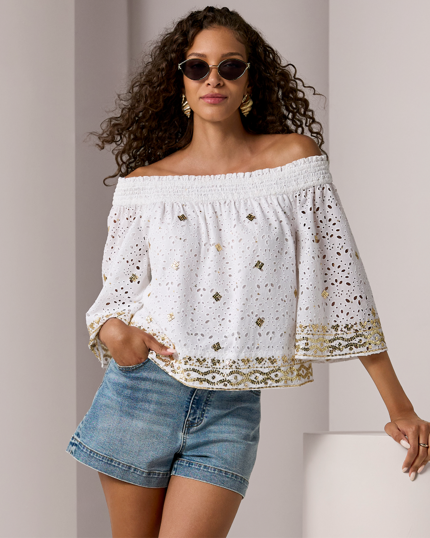 Off The Shoulder Novelty Embroidered Eyelet Top White/Gold