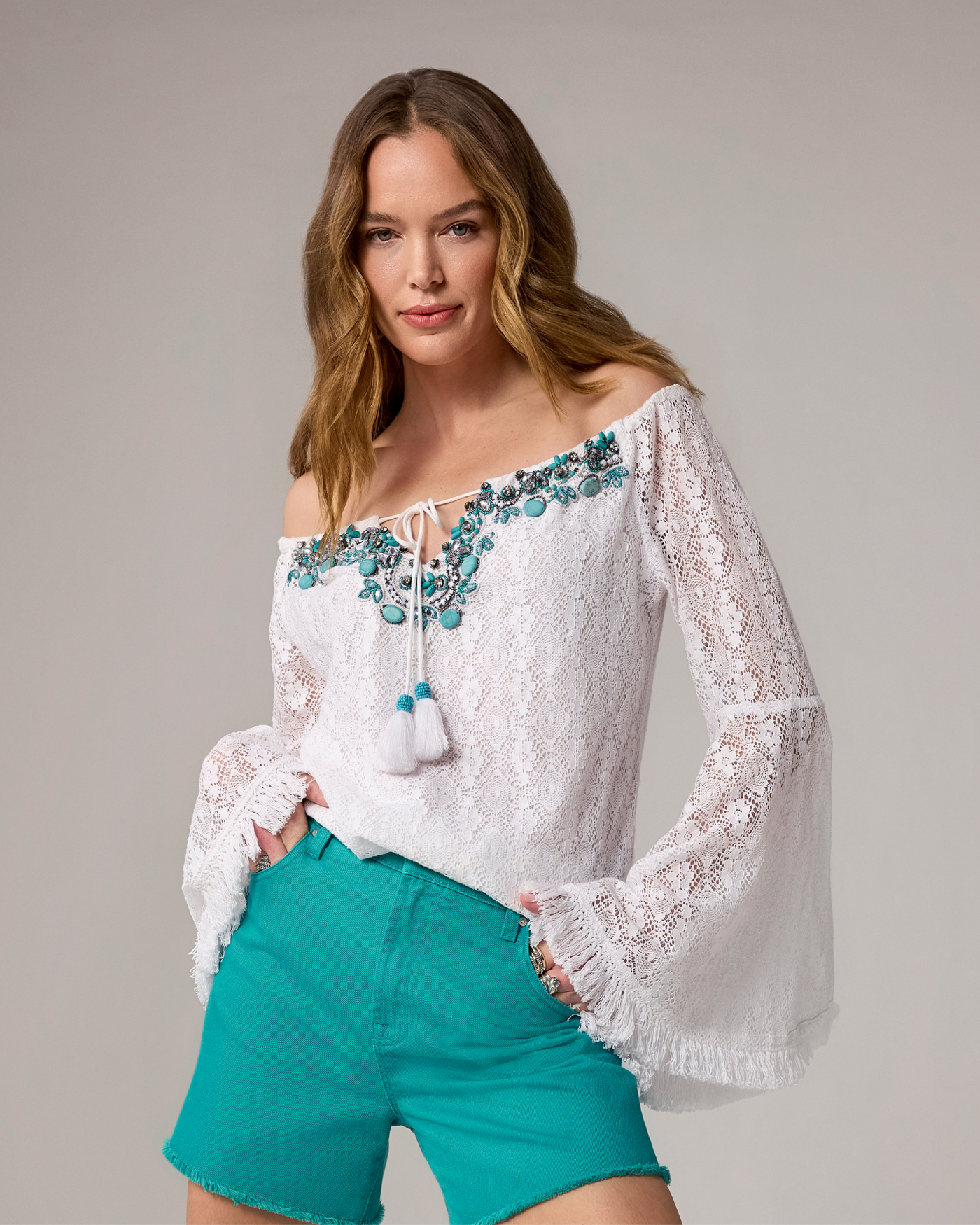 Embellished Off The Shoulder Fringe Trim Tunic White/Turquoise