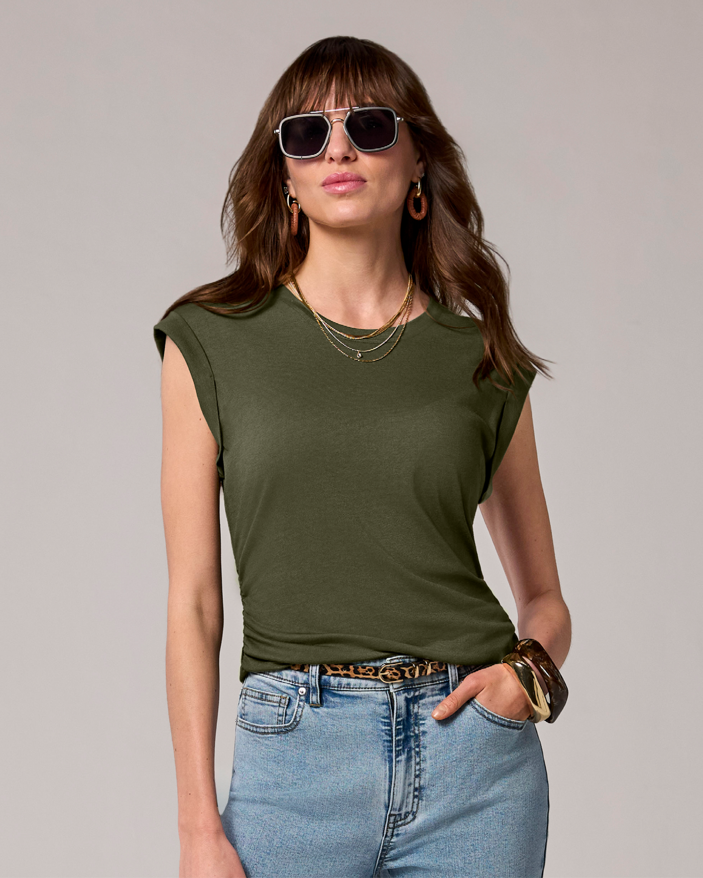Crew Neck Shirred T- Shirt Olive Night