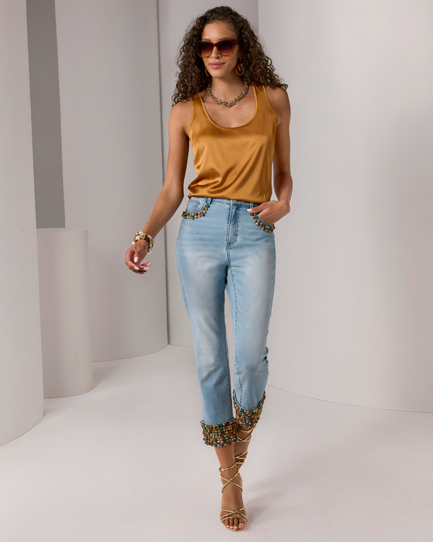 Stone Beaded Cuff Cropped Straight Jean Light Wash