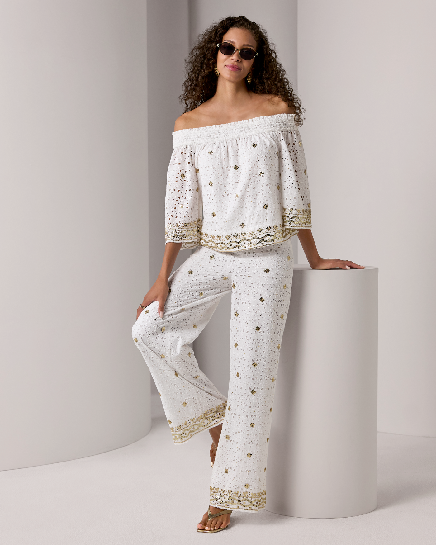 Sequin Eyelet Pant White/Gold