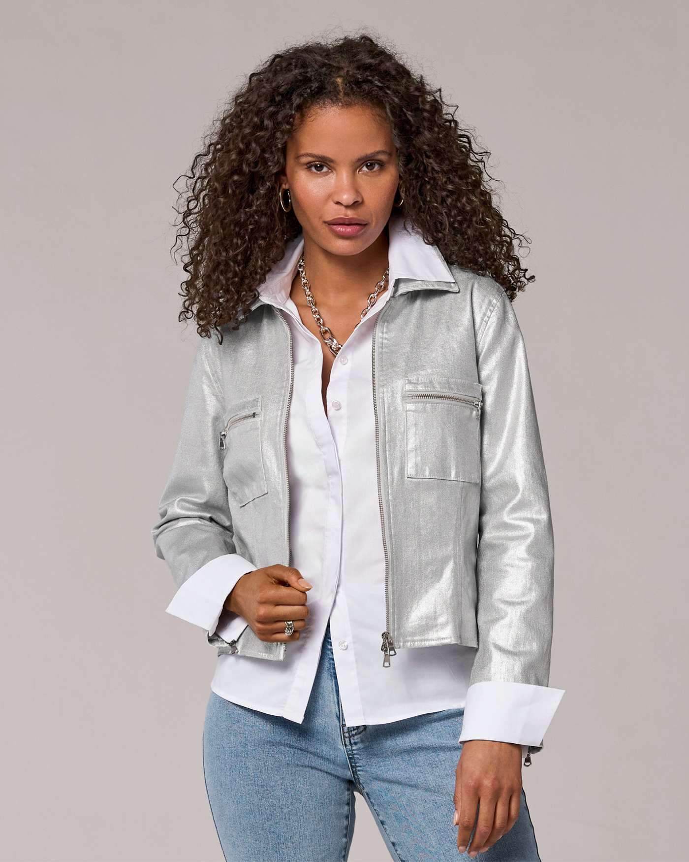 Cropped Zip Front Coated Denim Jacket Silver Metallic