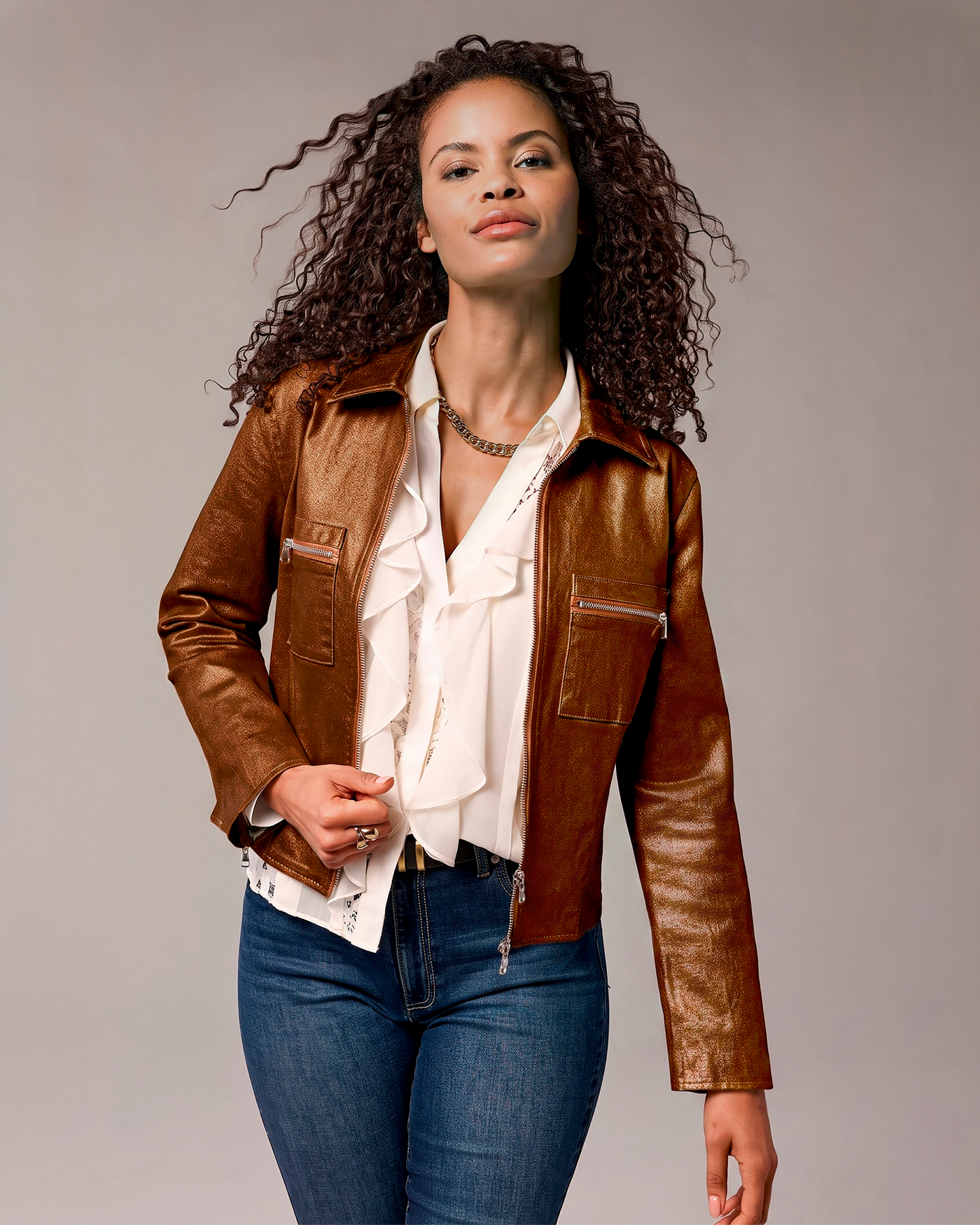 Cropped Zip Front Coated Denim Jacket Bronze Metallic