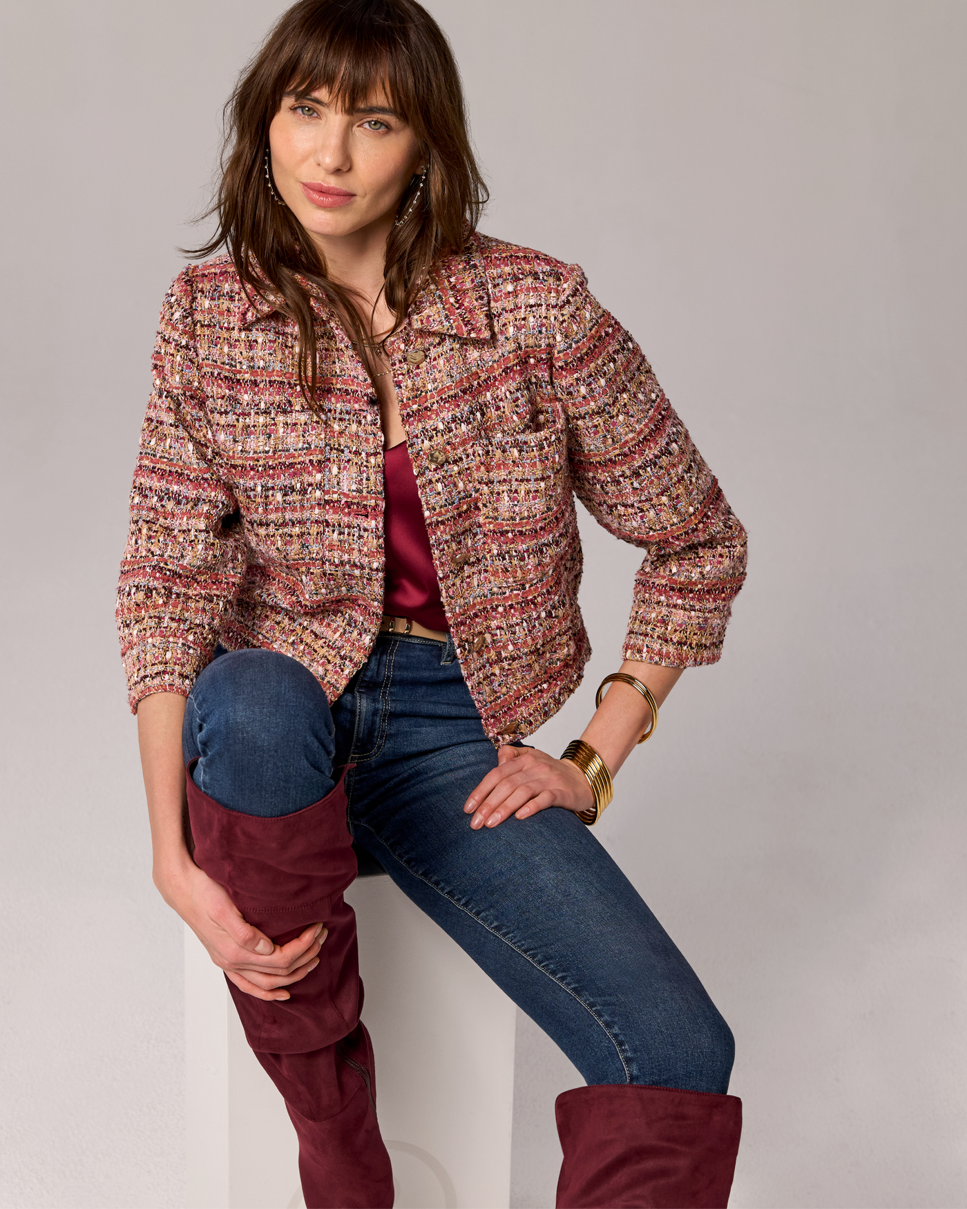 3/4 Sleeve Bomber Tweed Jacket with Novelty Buttons Purple Multi