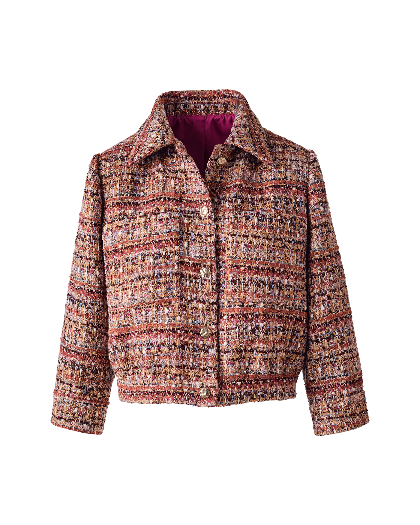 3/4 Sleeve Bomber Tweed Jacket with Novelty Buttons - Purple Multi
