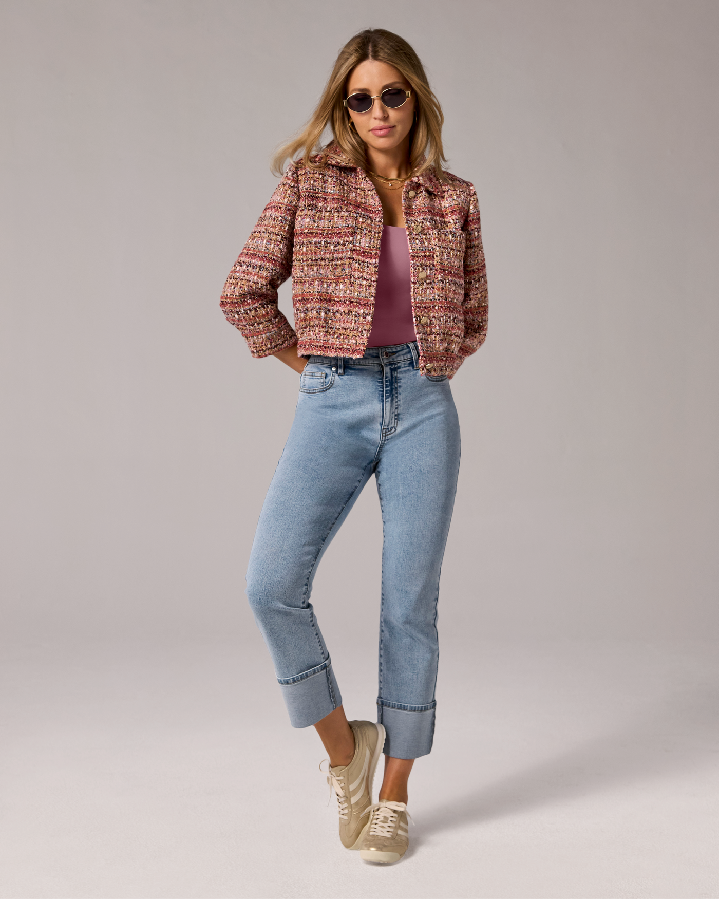 3/4 Sleeve Bomber Tweed Jacket with Novelty Buttons - Purple Multi