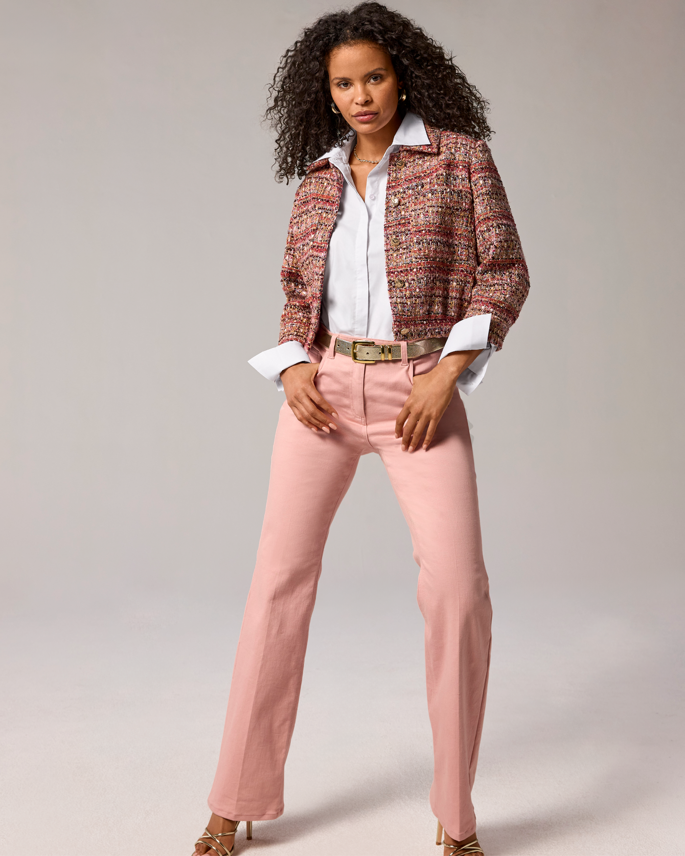 3/4 Sleeve Bomber Tweed Jacket with Novelty Buttons - Purple Multi