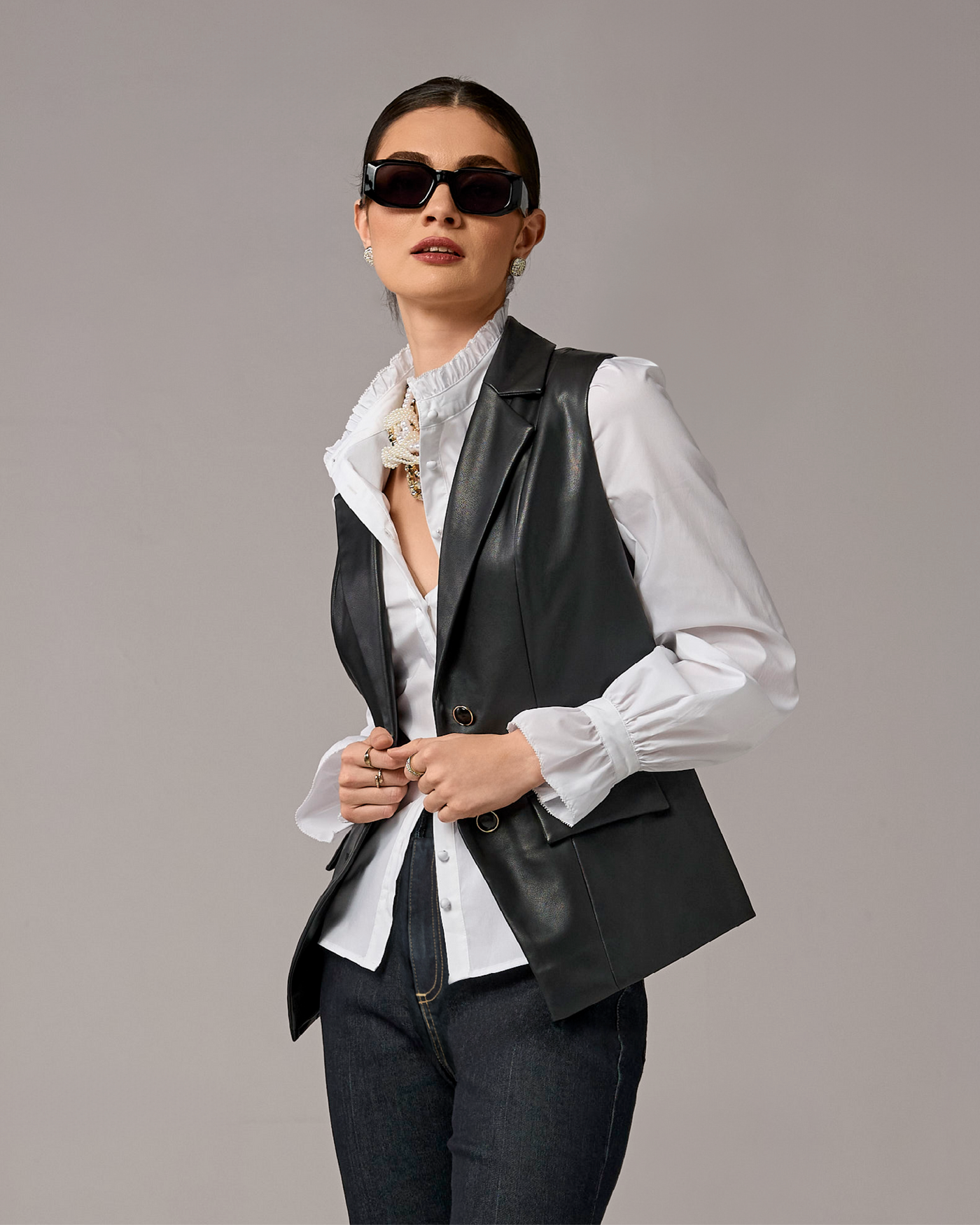 Faux Leather Lapel Vest Proper Black