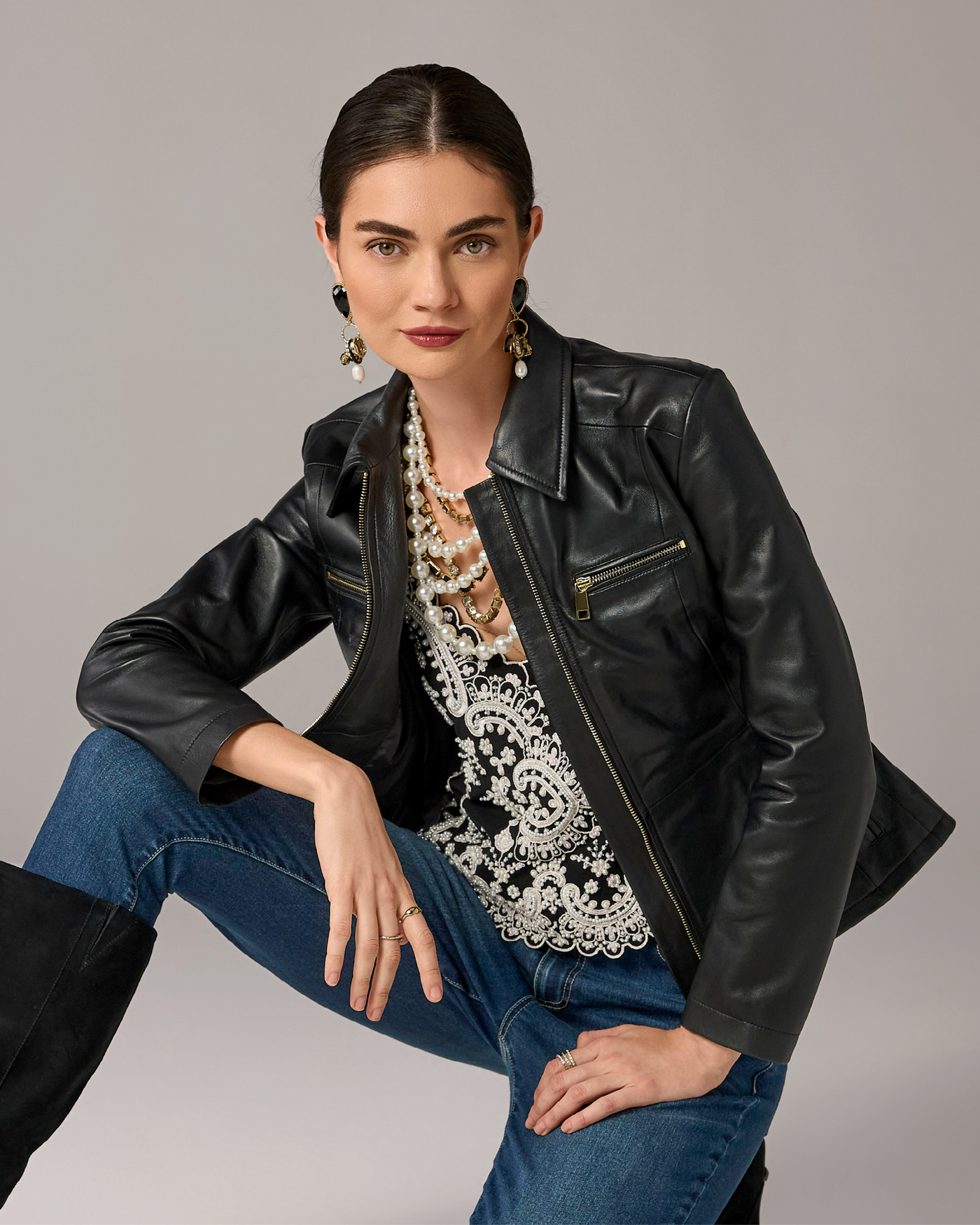 Zip Front Genuine Leather Peplum Jacket Proper Black