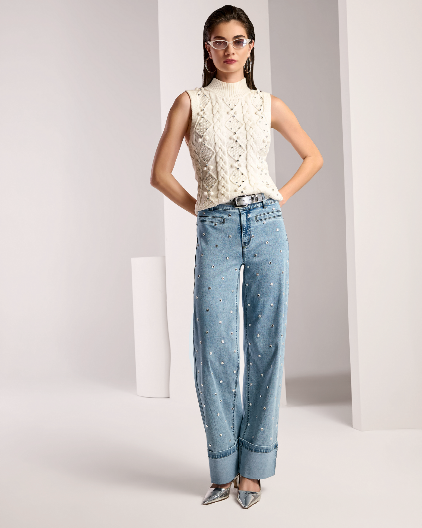 Wide Leg Cuffed Rhinestone Trimmed Jeans Light Wash