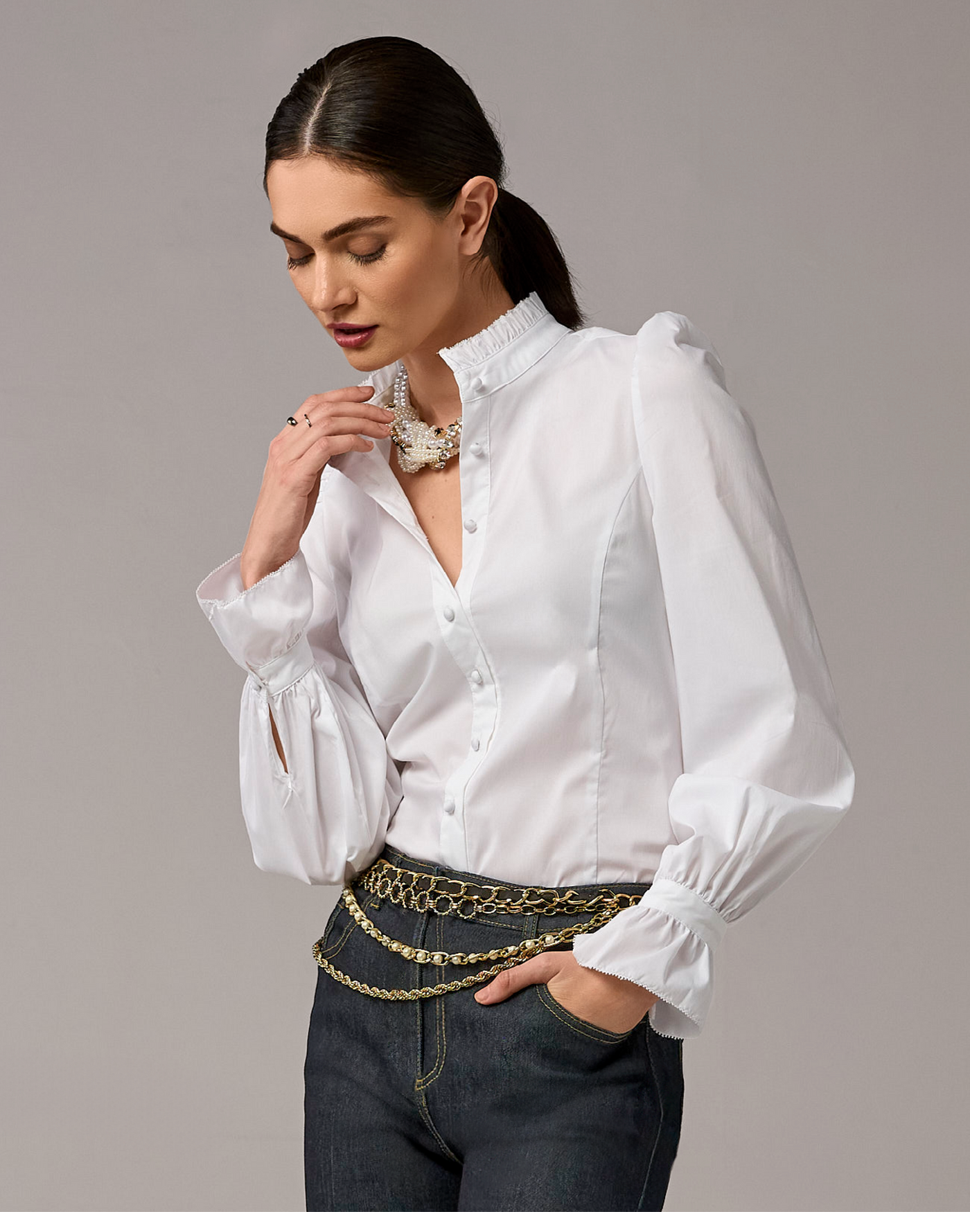 Poplin Ruffle Neck Balloon Sleeve Blouse Pure White