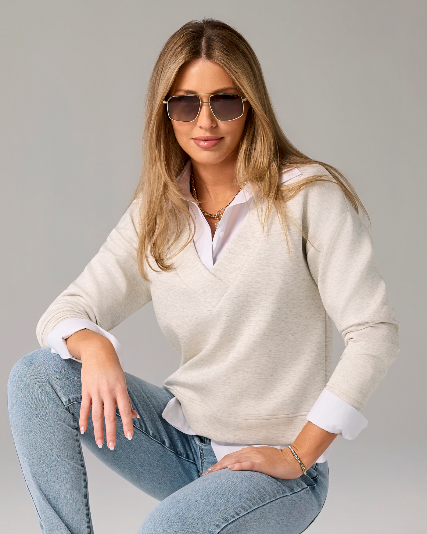 Luxe Lounge Drop Shoulder V Neck Top Light Heather Gray