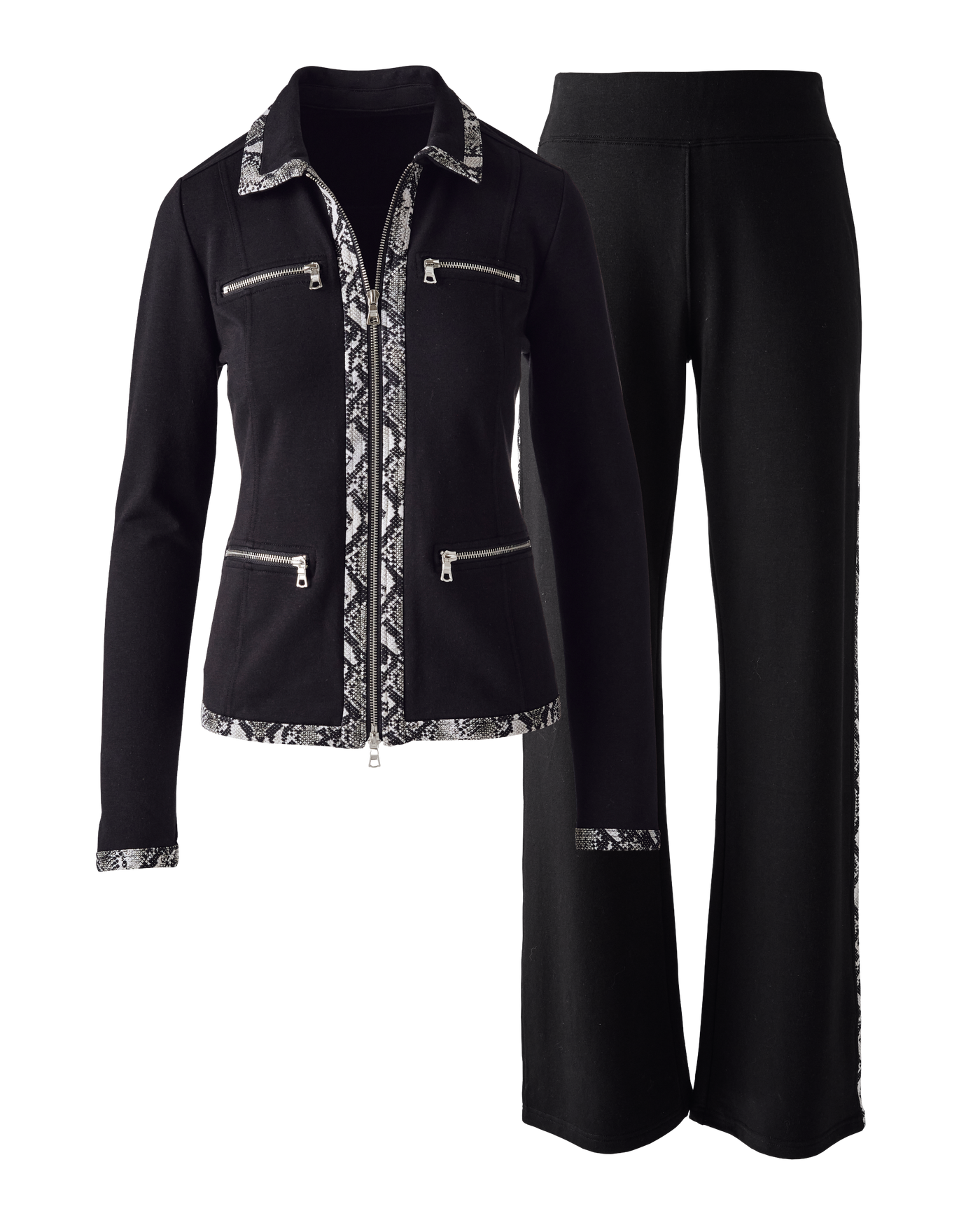 Chic Zippered Sport Coordinate Set with Printed Trim - Black