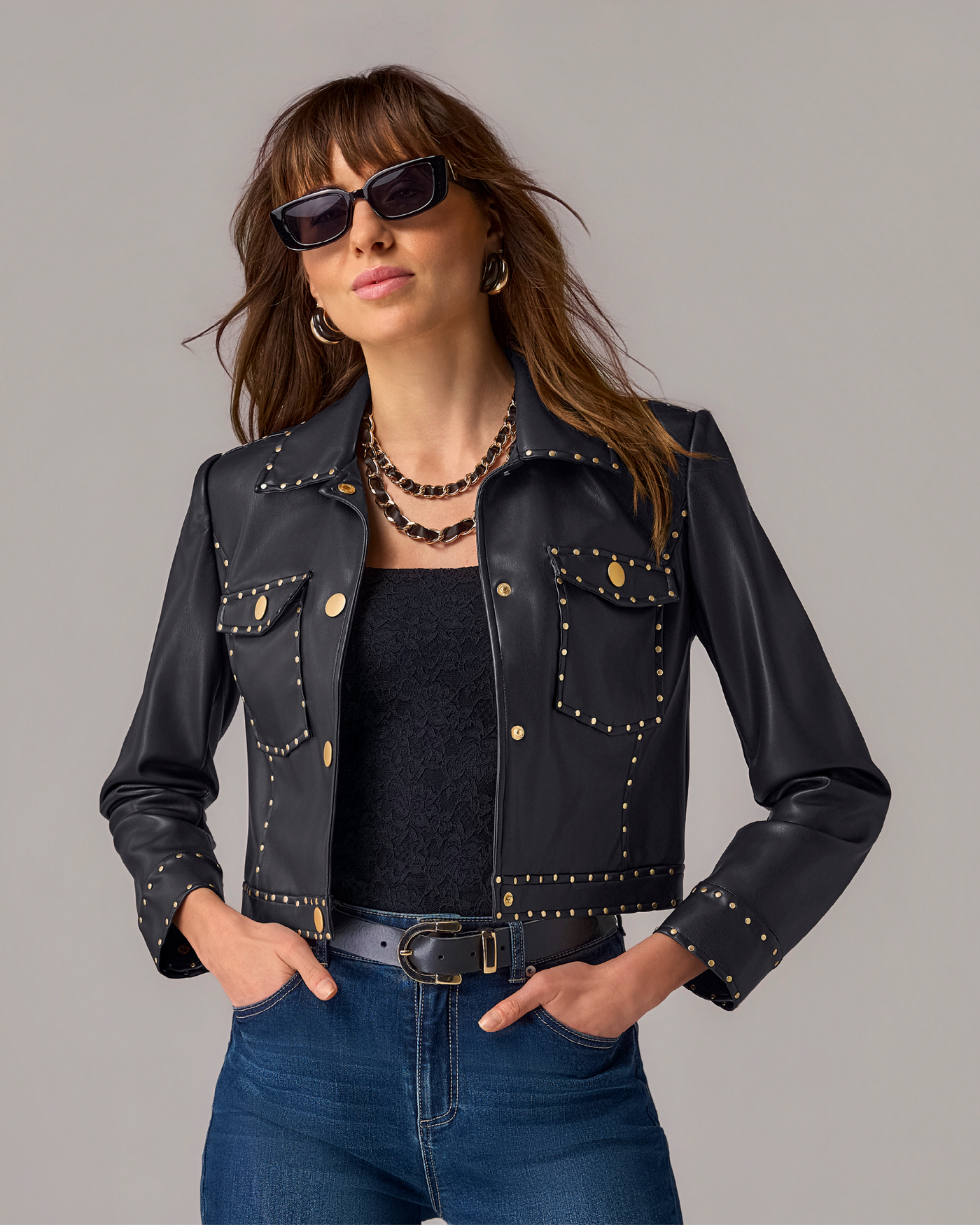 Faux Leather Studded Jacket Black