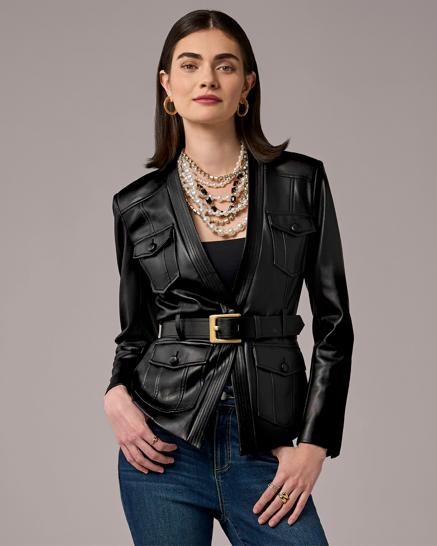 Belted Faux Leather Cut Away Utility Jacket Black