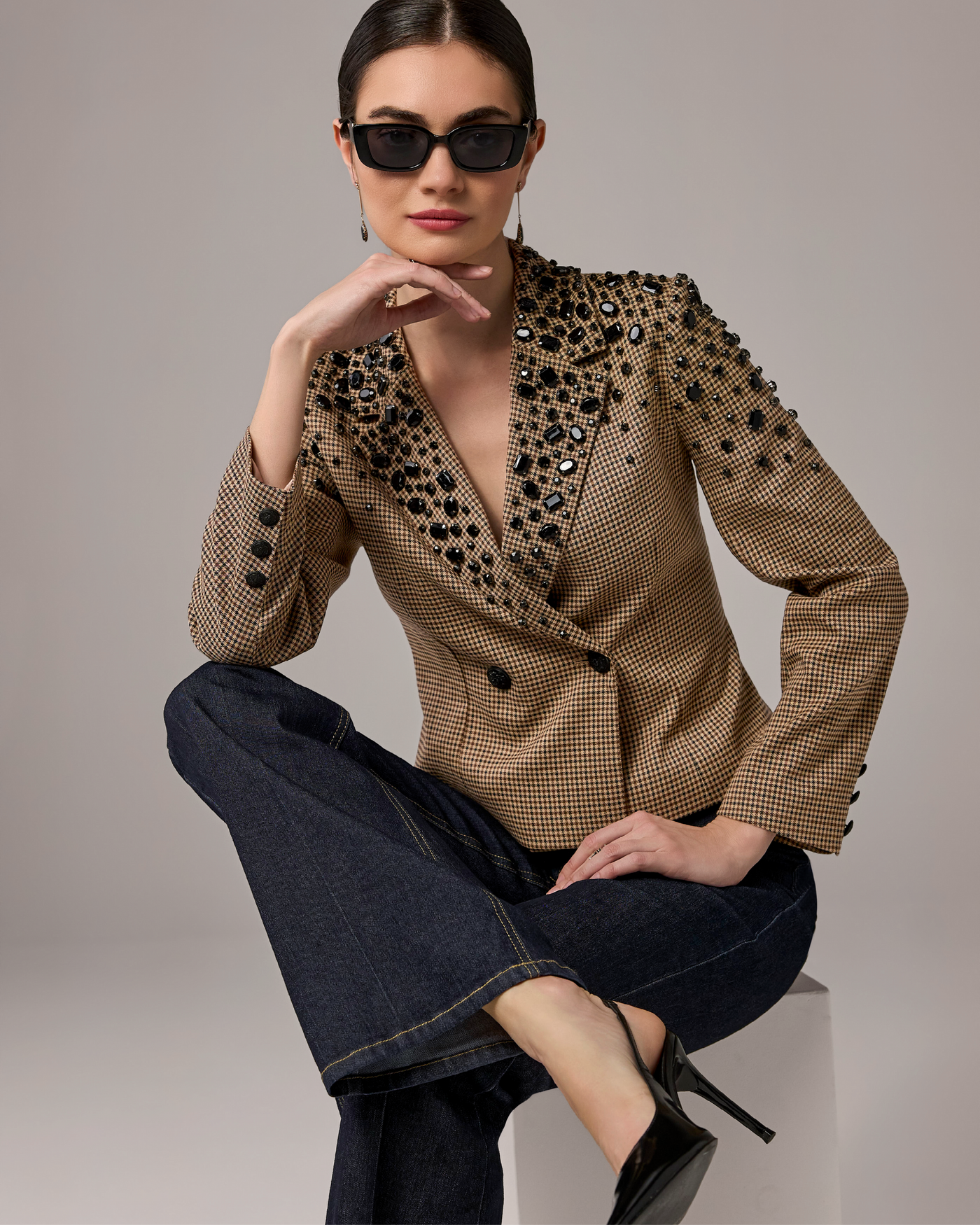 Meet and Greet Blazer with Rhinestone Embellishment Check Yourself