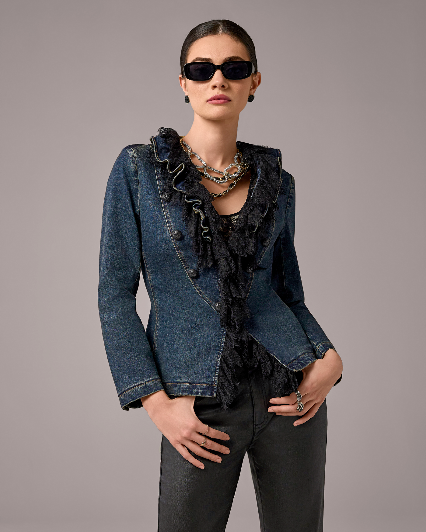 Shaped Denim Jacket with Ruffle Lace Trim Dark/Medium Denim