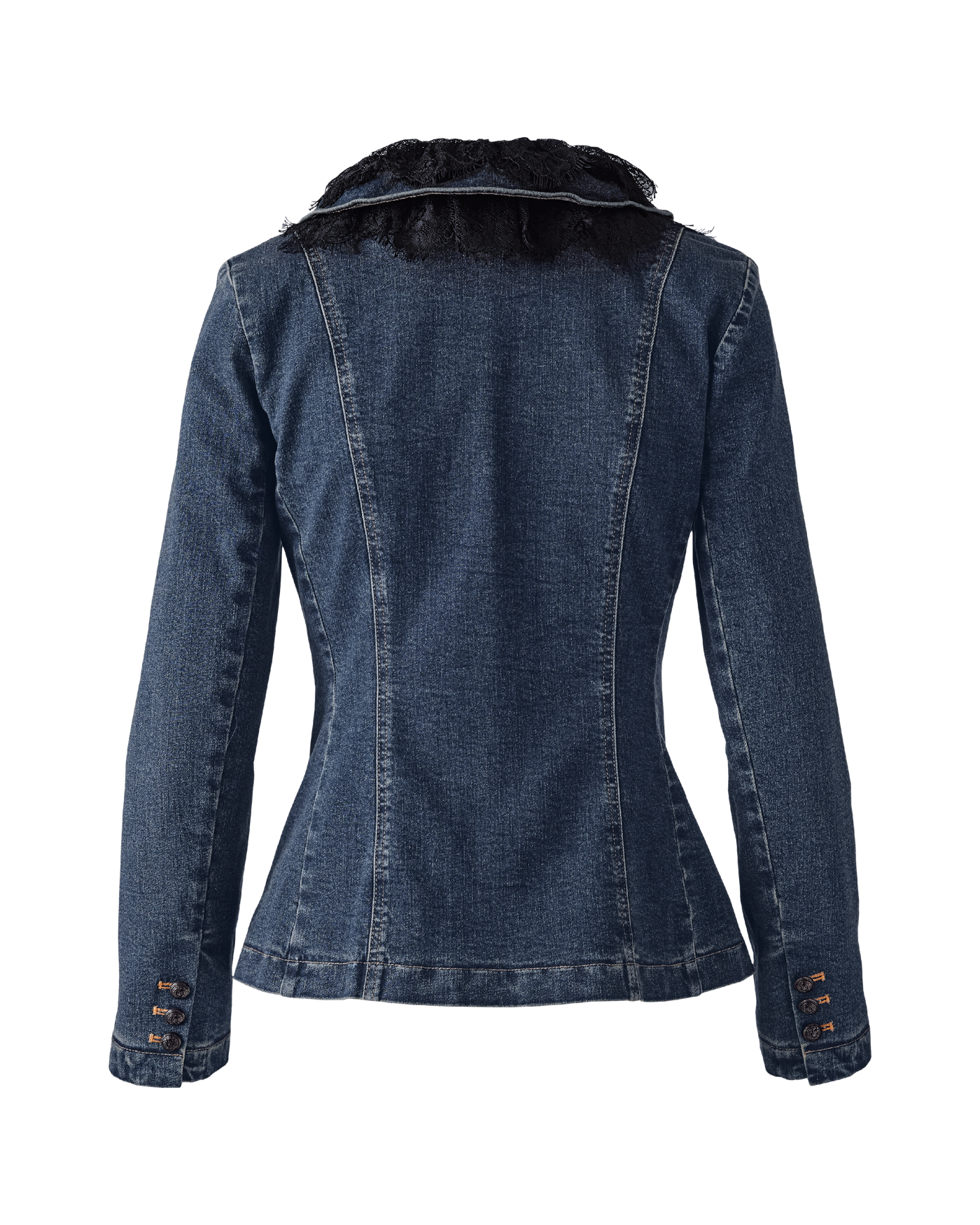 Shaped Denim Jacket with Ruffle Lace Trim - Dark/Medium Denim