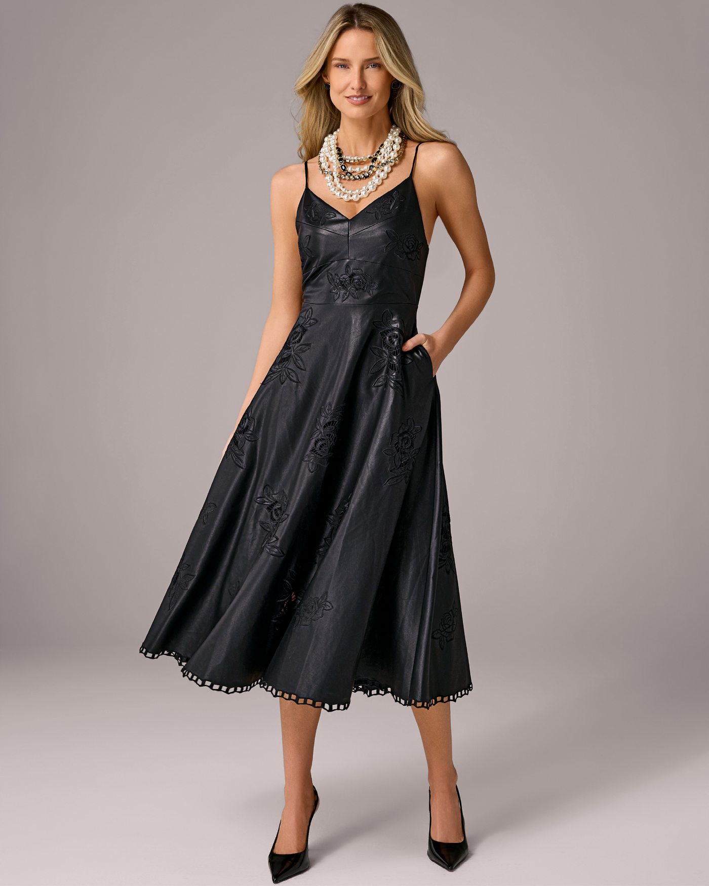 Faux Leather Floral Cut Out Fit and Flare Dress Black