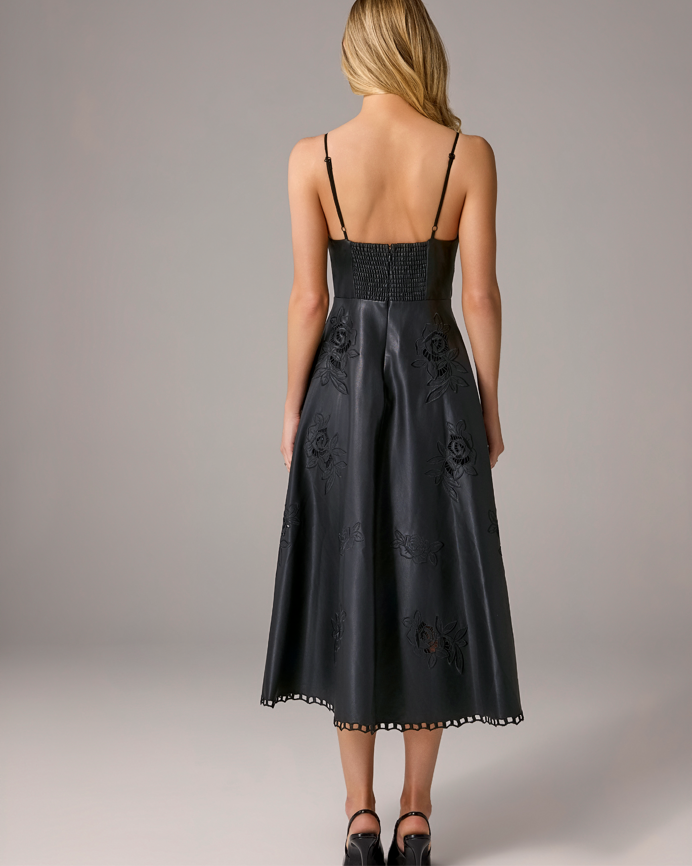Boston Proper - Black - Faux Leather Floral Cut Out Fit and Flare Dress