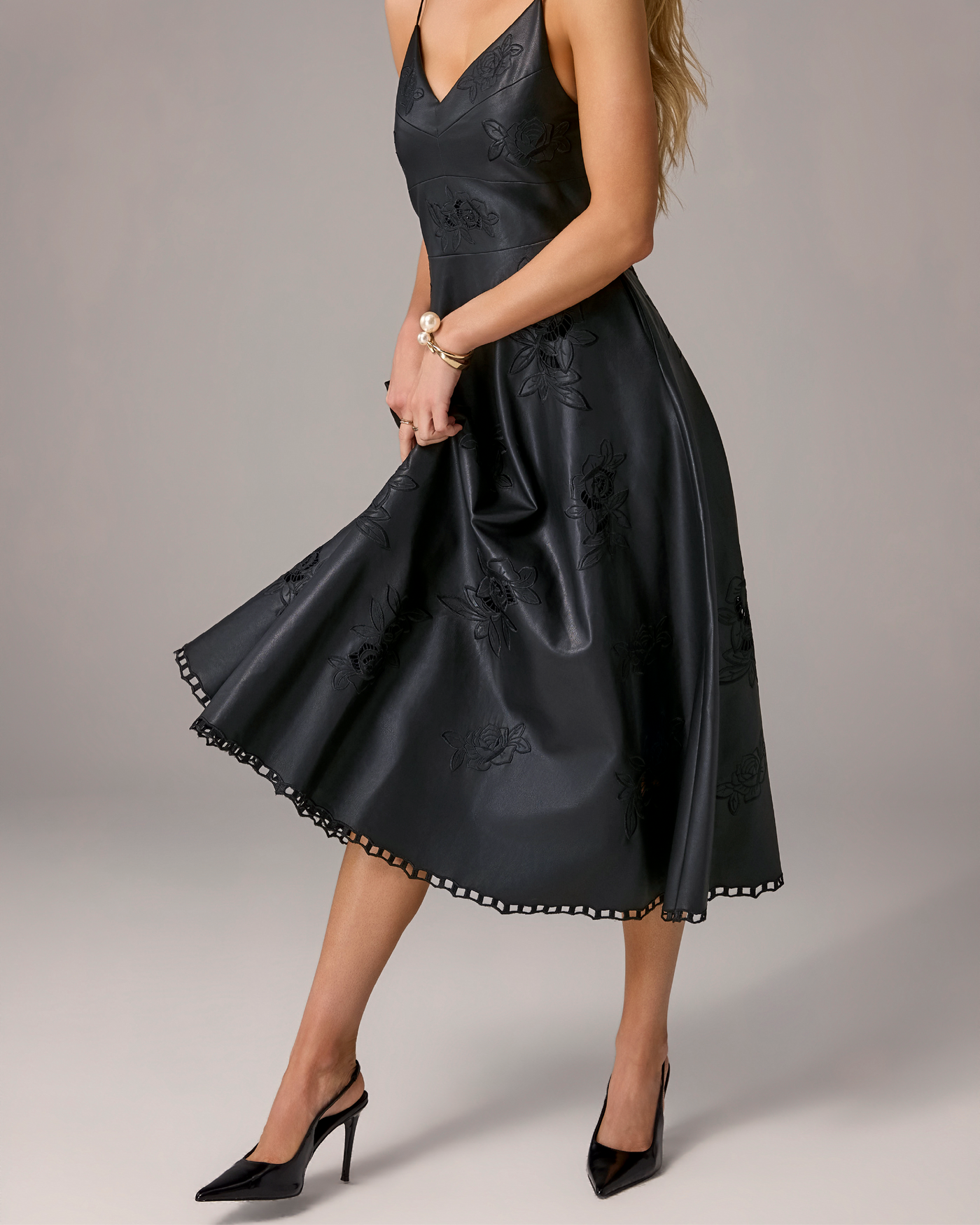 Boston Proper - Black - Faux Leather Floral Cut Out Fit and Flare Dress