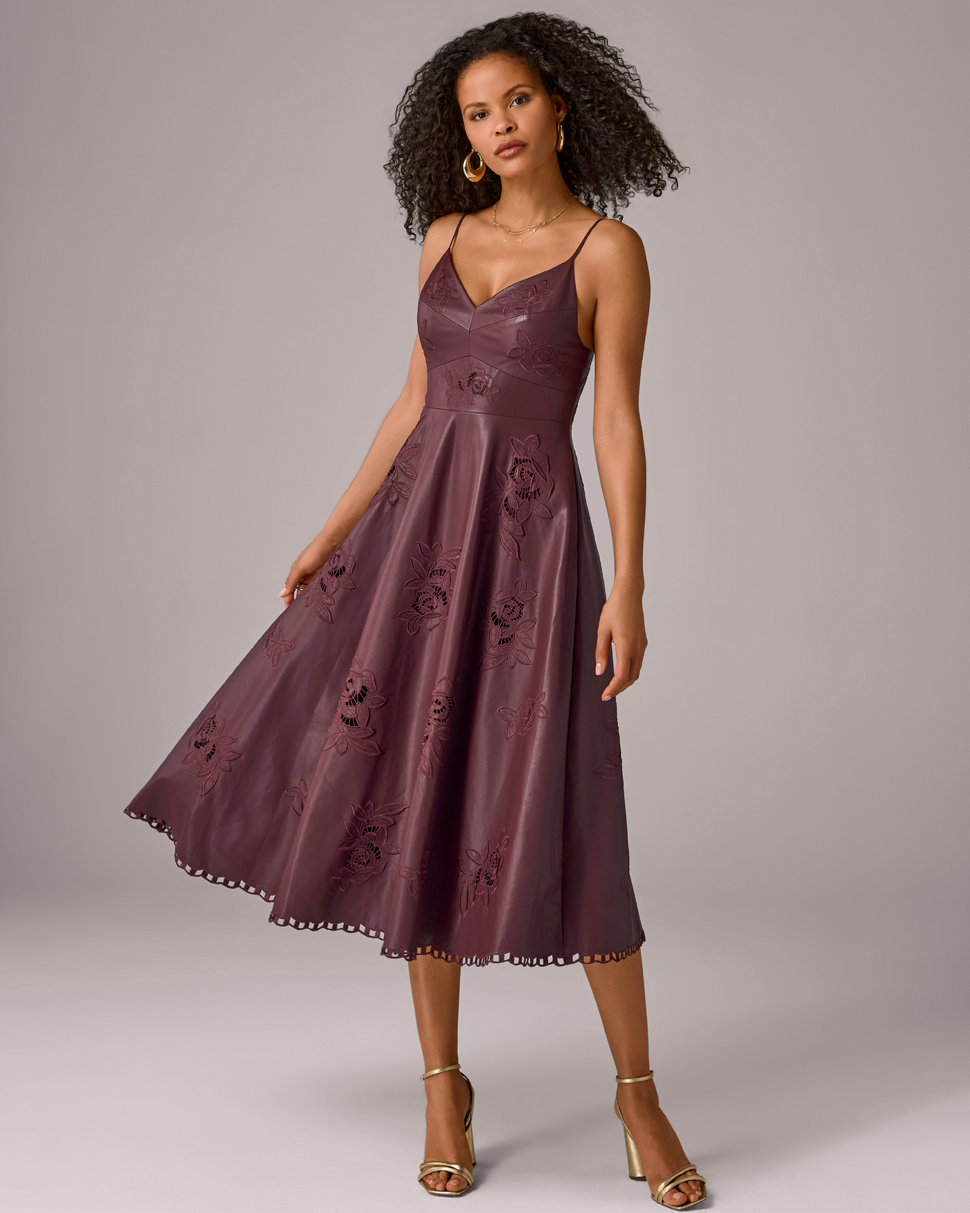 Faux Leather Floral Cut Out Fit and Flare Dress Mauve Wine