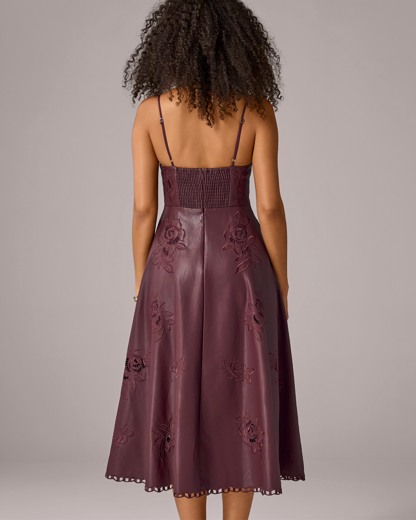 Boston Proper - Mauve Wine Purple - Faux Leather Floral Cut Out Fit and Flare Dress