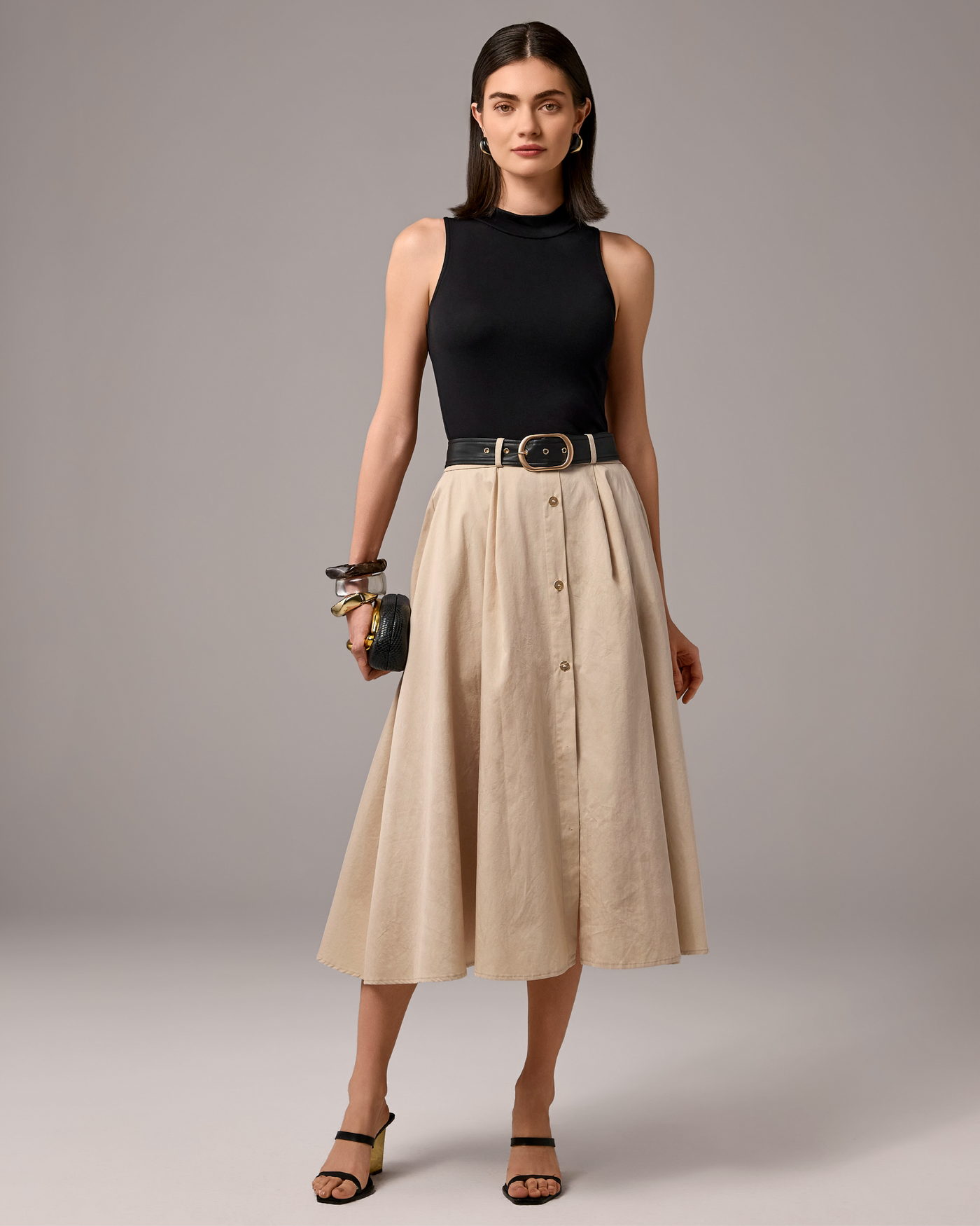 Mixed Media Belted Maxi Dress Black/Cream