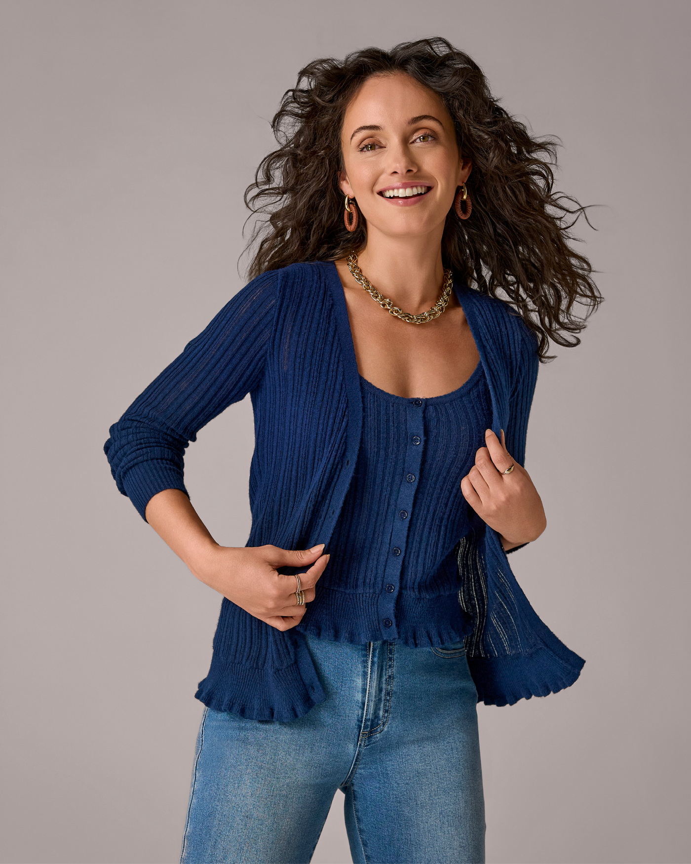 Pointelle Stitch Button Front Cardigan Sweater Set Navy