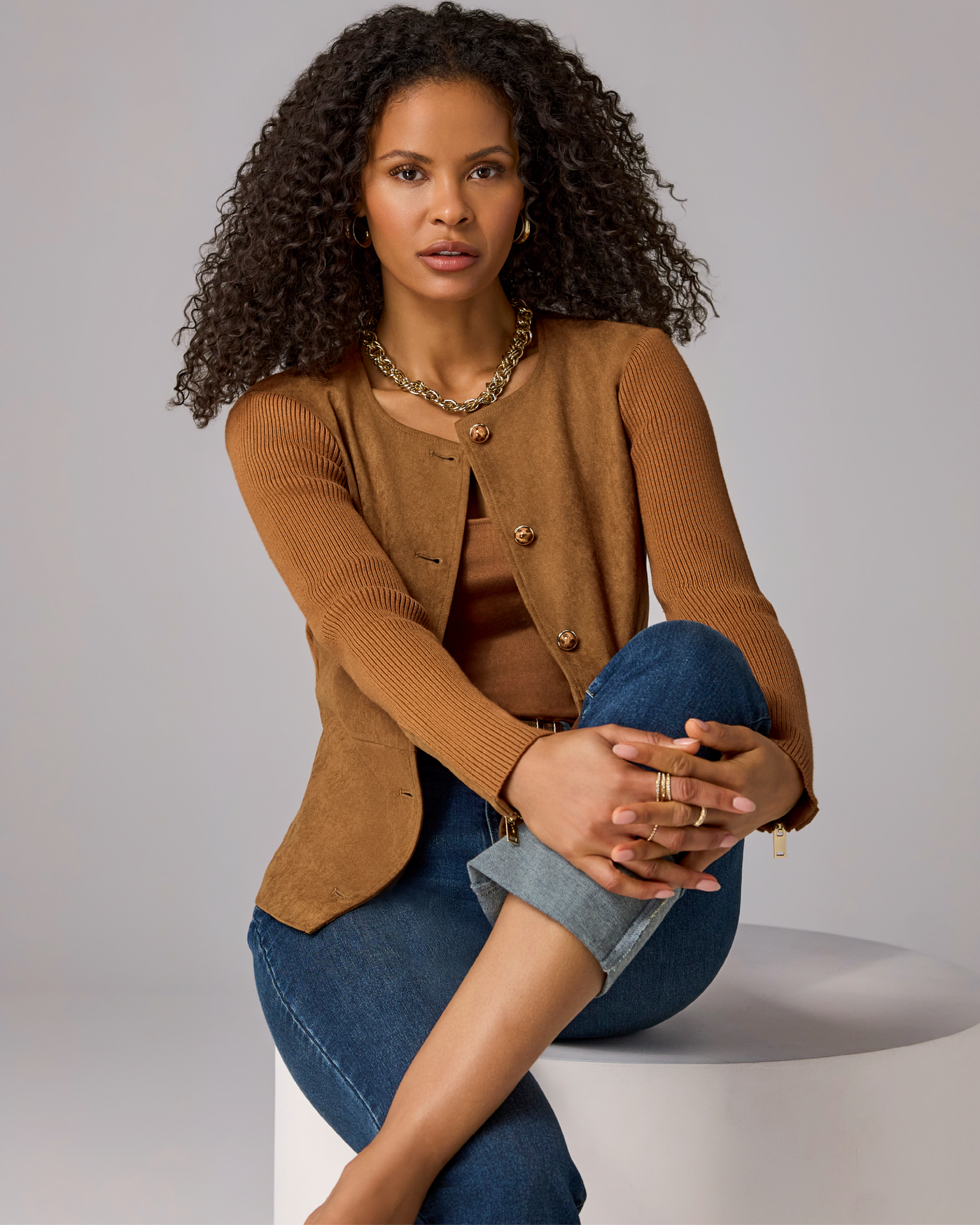 Faux Suede and Rib Cardigan Thrush