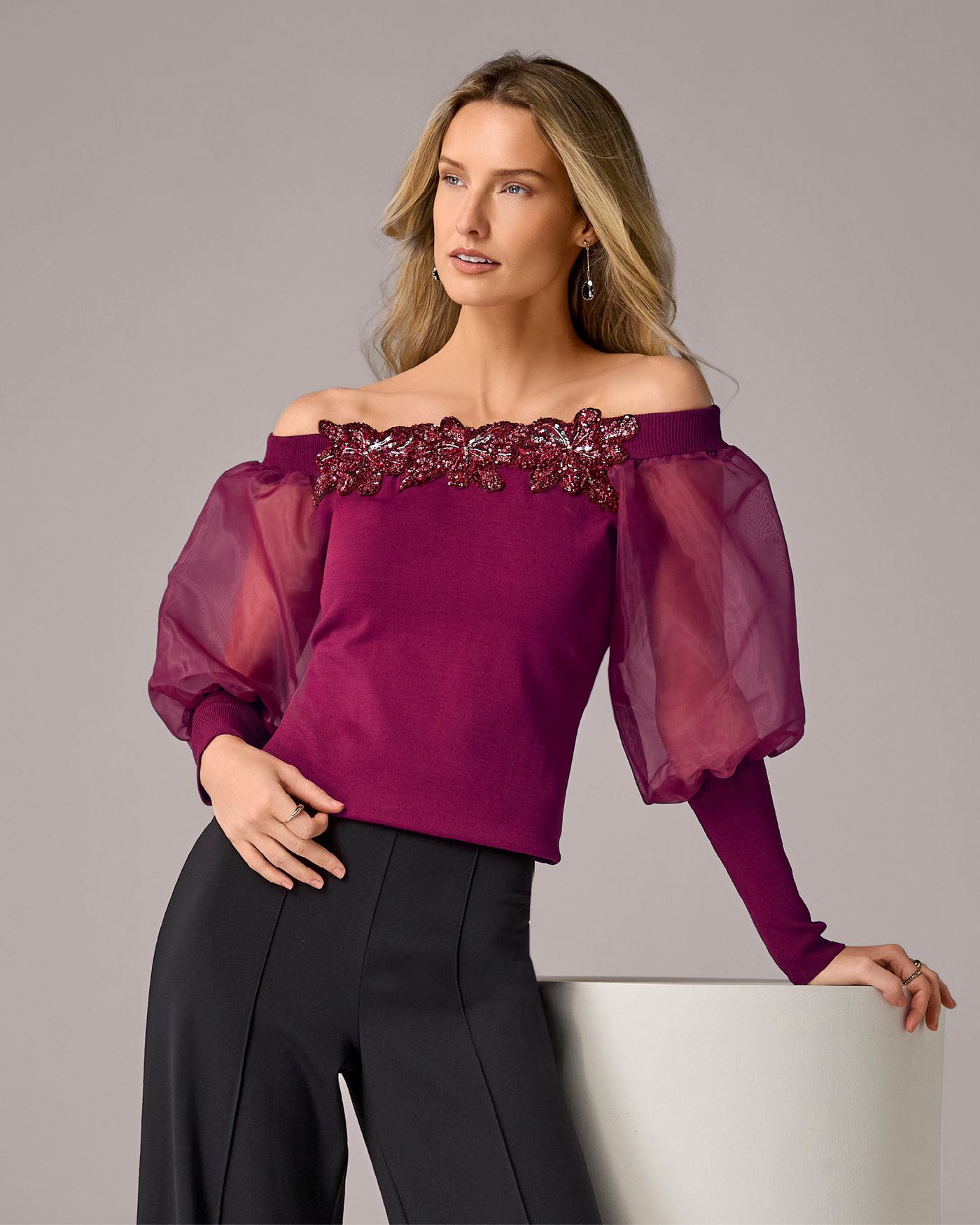 Mixed Media Sweater Top with 3D Flowers Oxblood