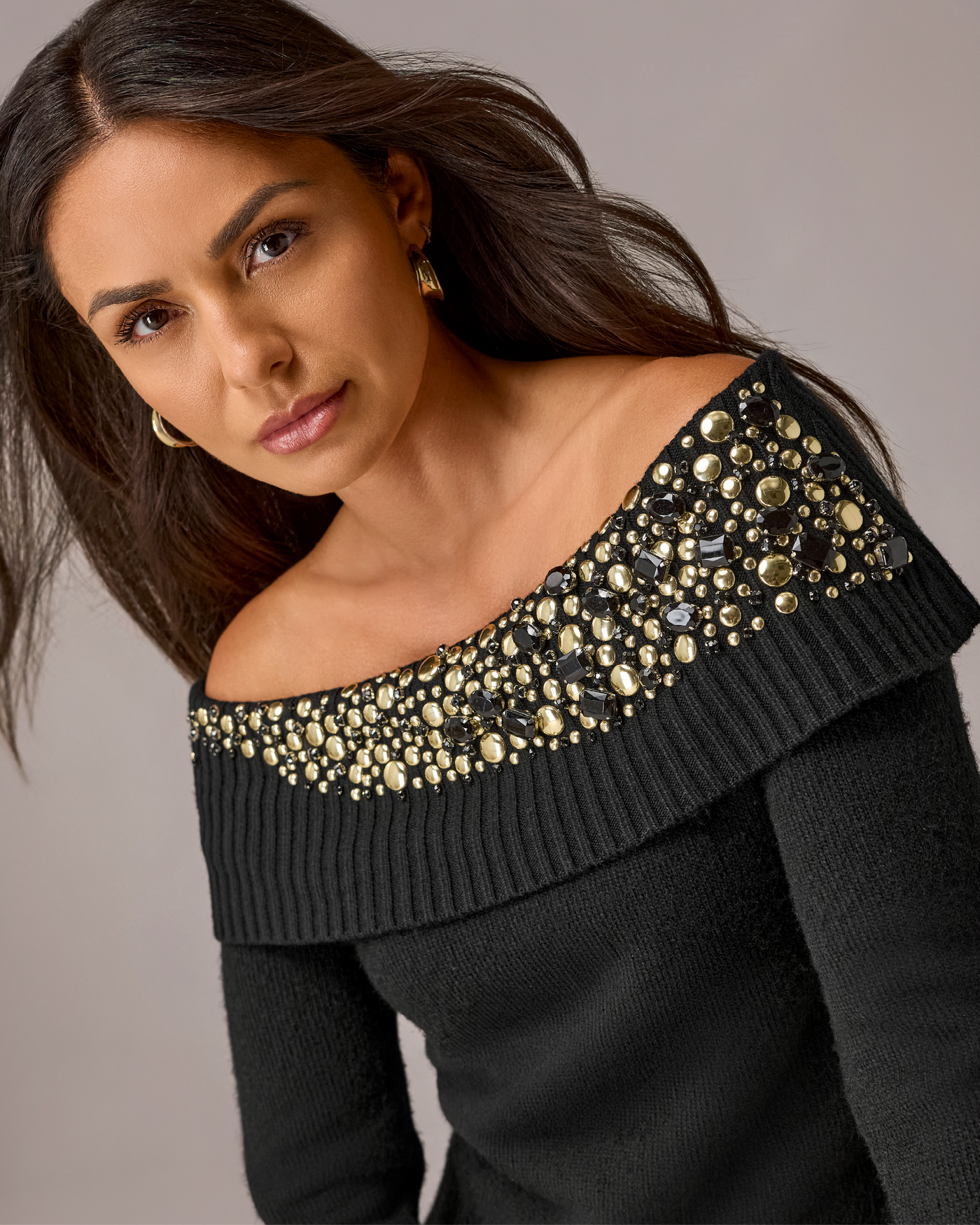 Embellished Off the Shoulder Sweater Proper Black