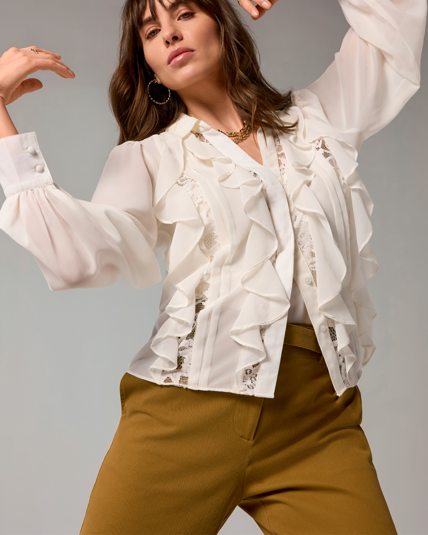Georgette Collared Ruffle and Lace Shirt Off White