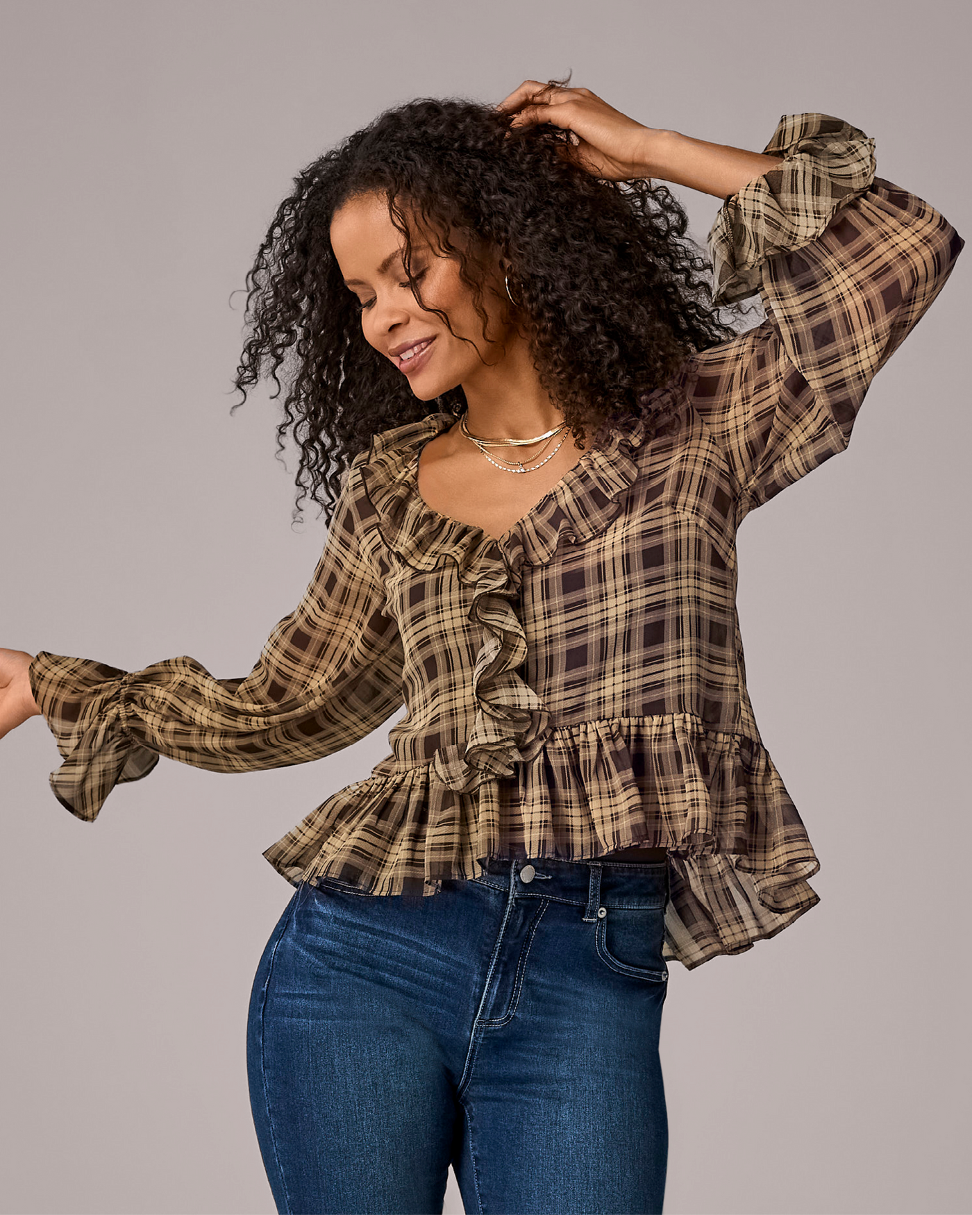 Printed Ruffle Blouse Plaid Fete