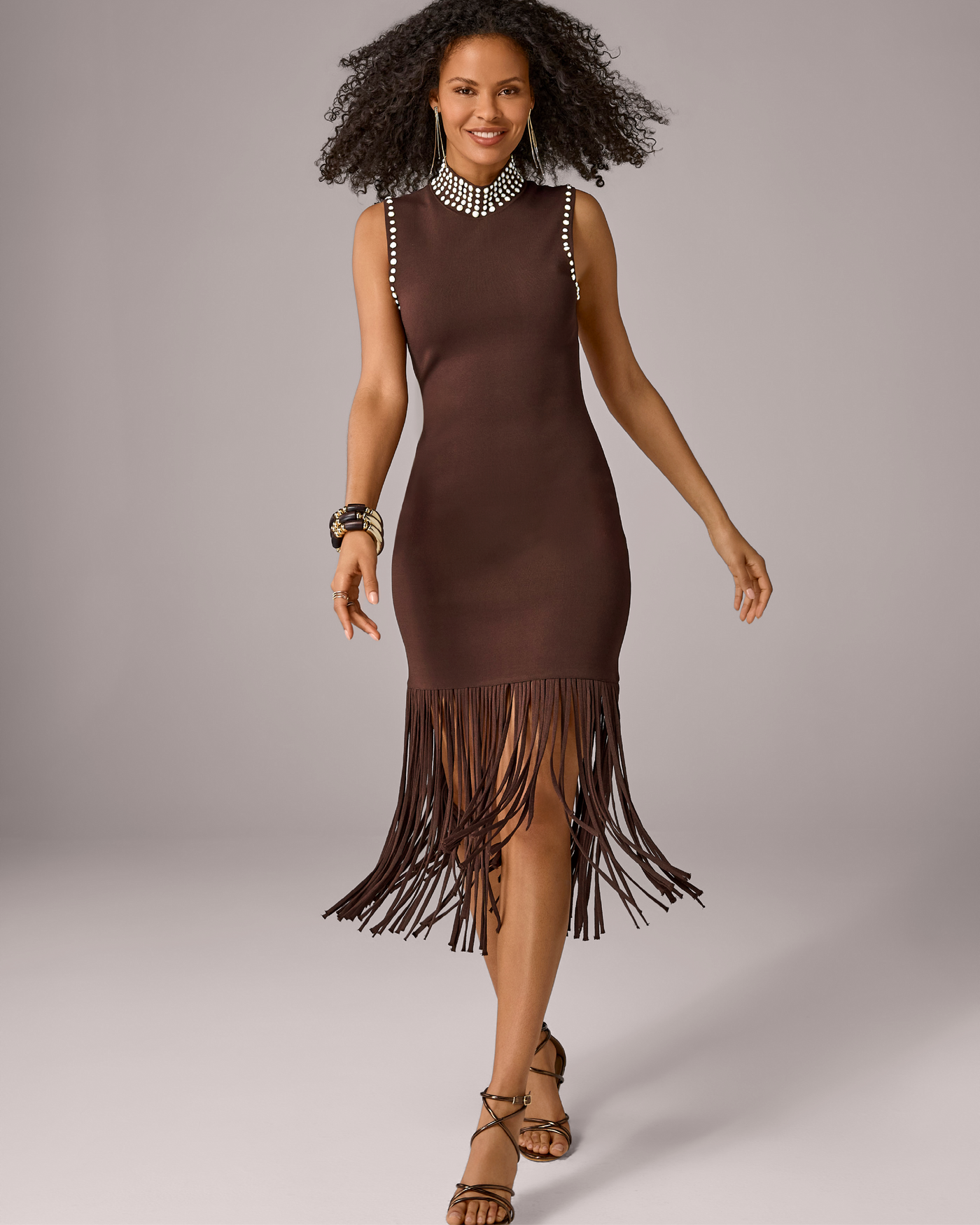 Pearl Embellished Fringe Dress Brown