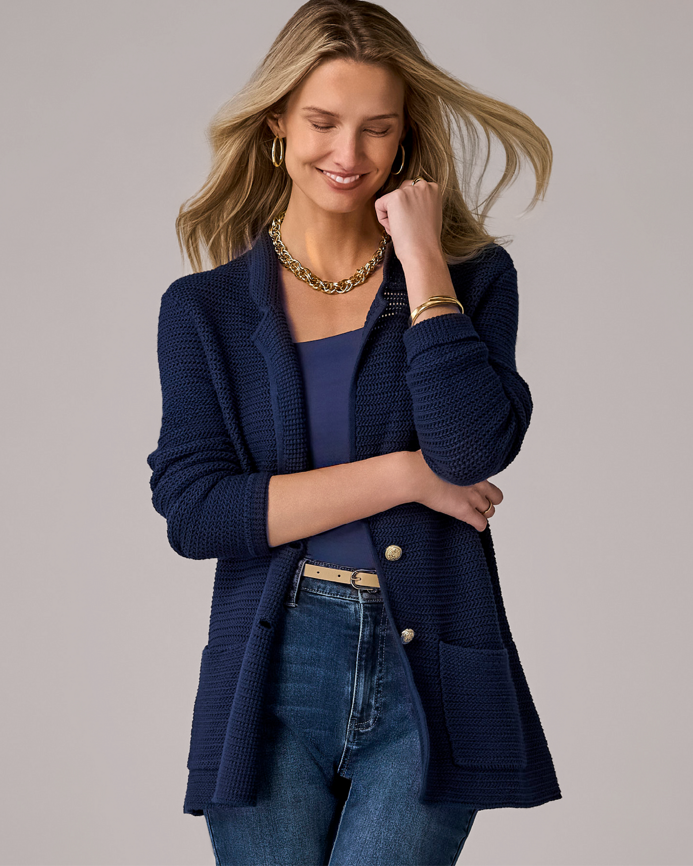 Textured Button Front Sweater Blazer Navy