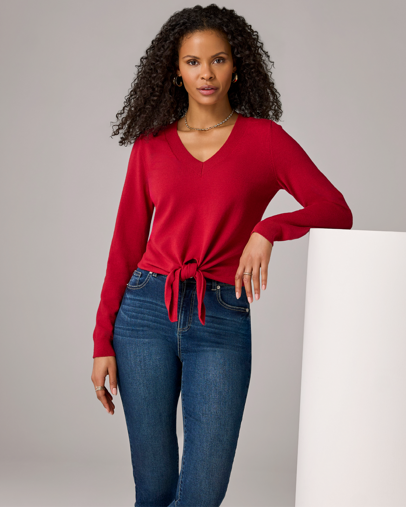 Lightweight V Neck Knot Front Sweater French Kiss