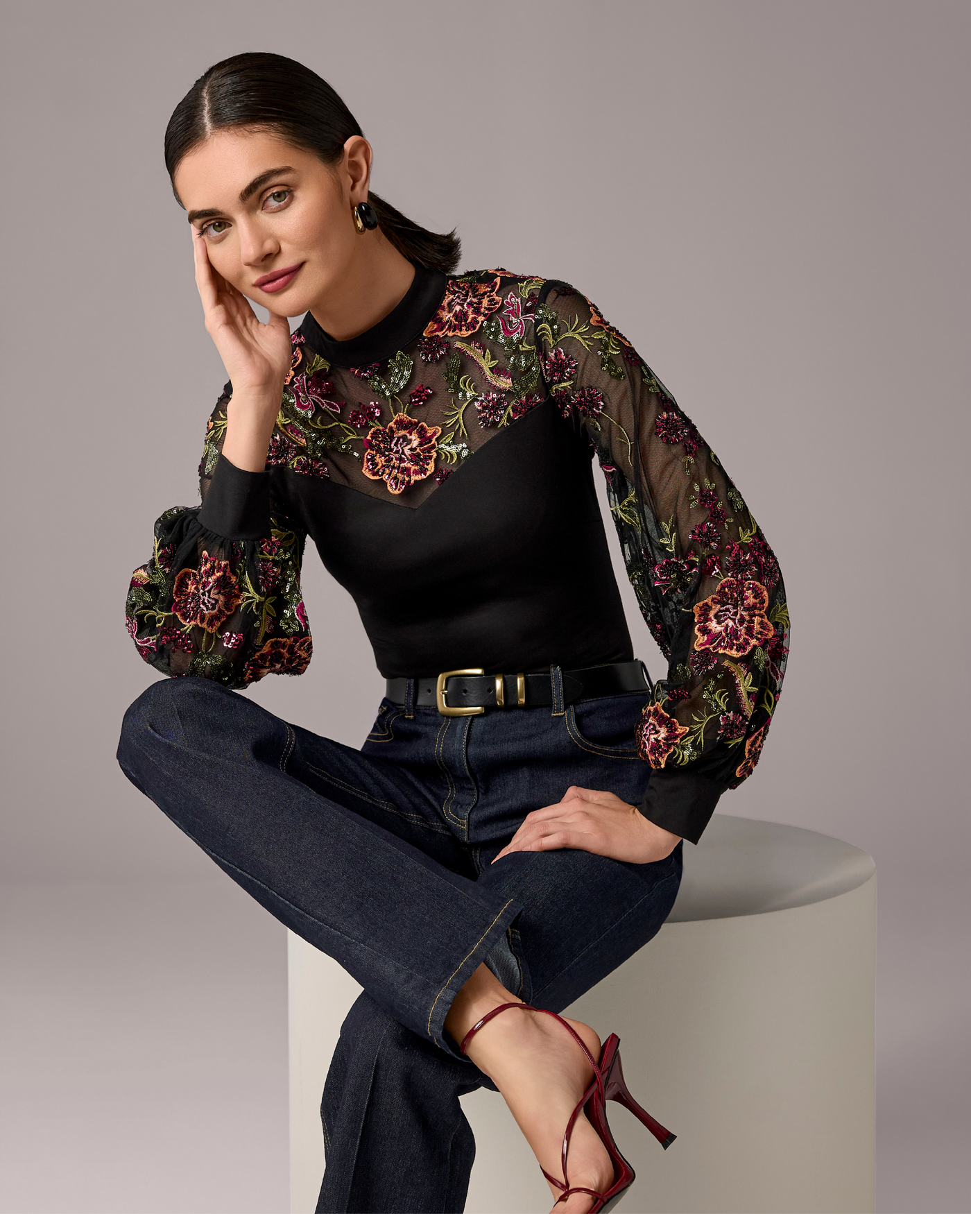 Embroidered Mock Neck Long Sleeve Top Proper Black