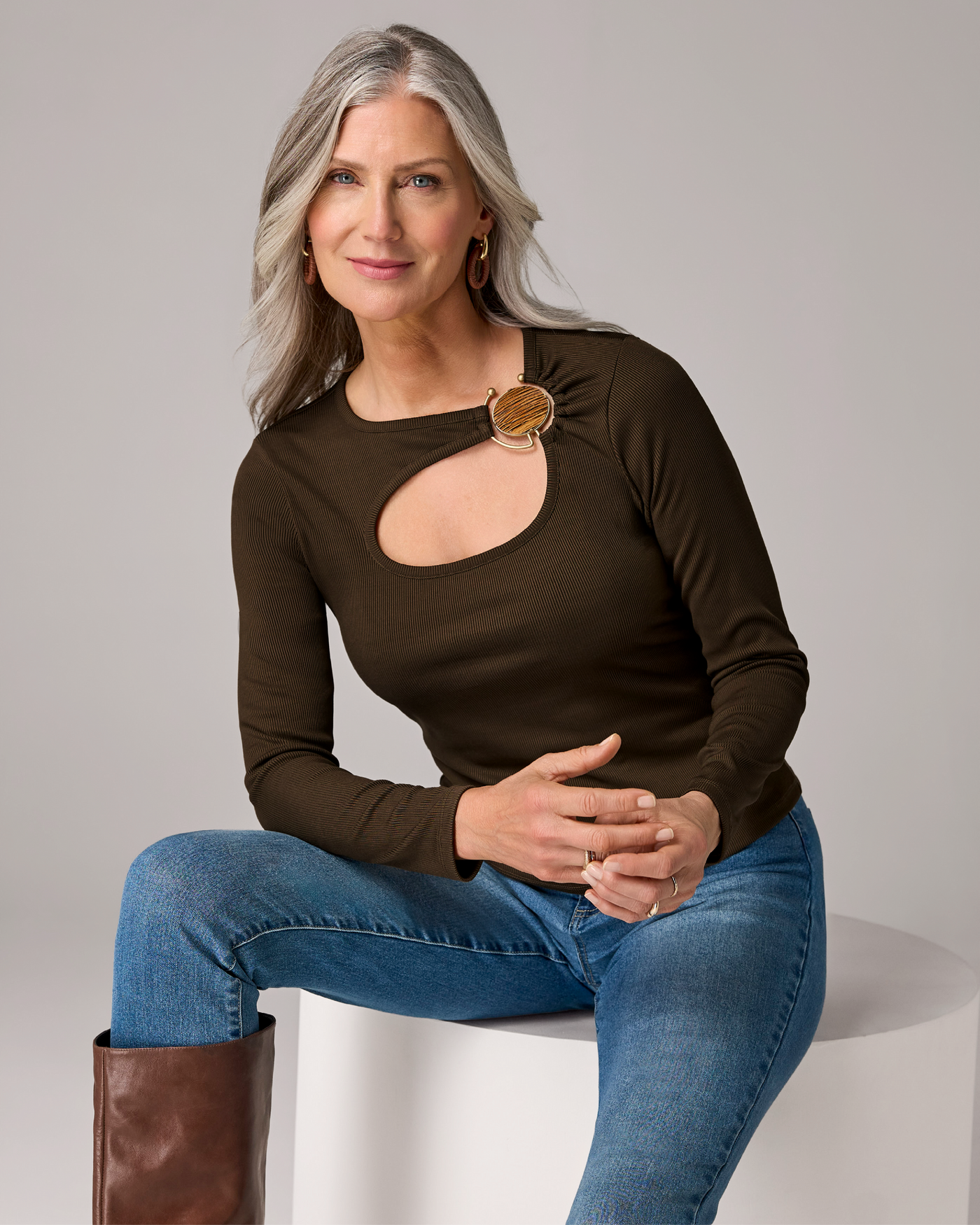 Rib Knit Top with Tiger's Eye Hardware Chocolate Torte